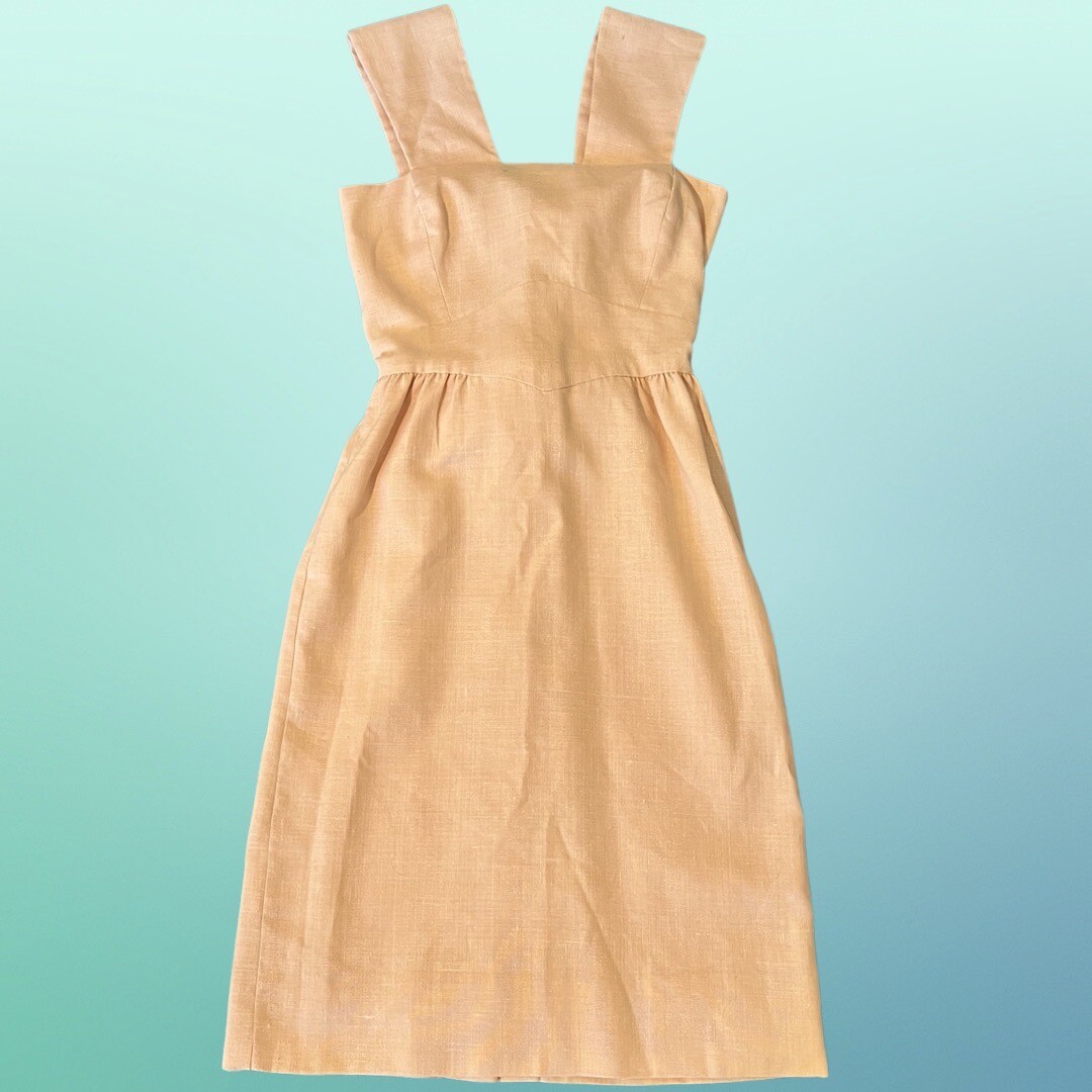 Vintage Handmade 1960s Open Back Salmon, Woven Cotton Canvas, Dress sz Small