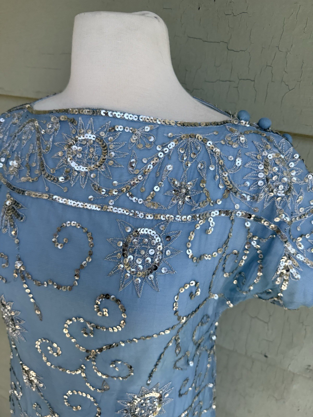 Vtg 60’s Profils Du Monde Beverly Hills Baby Blue Gown Silver Sequins Silk S