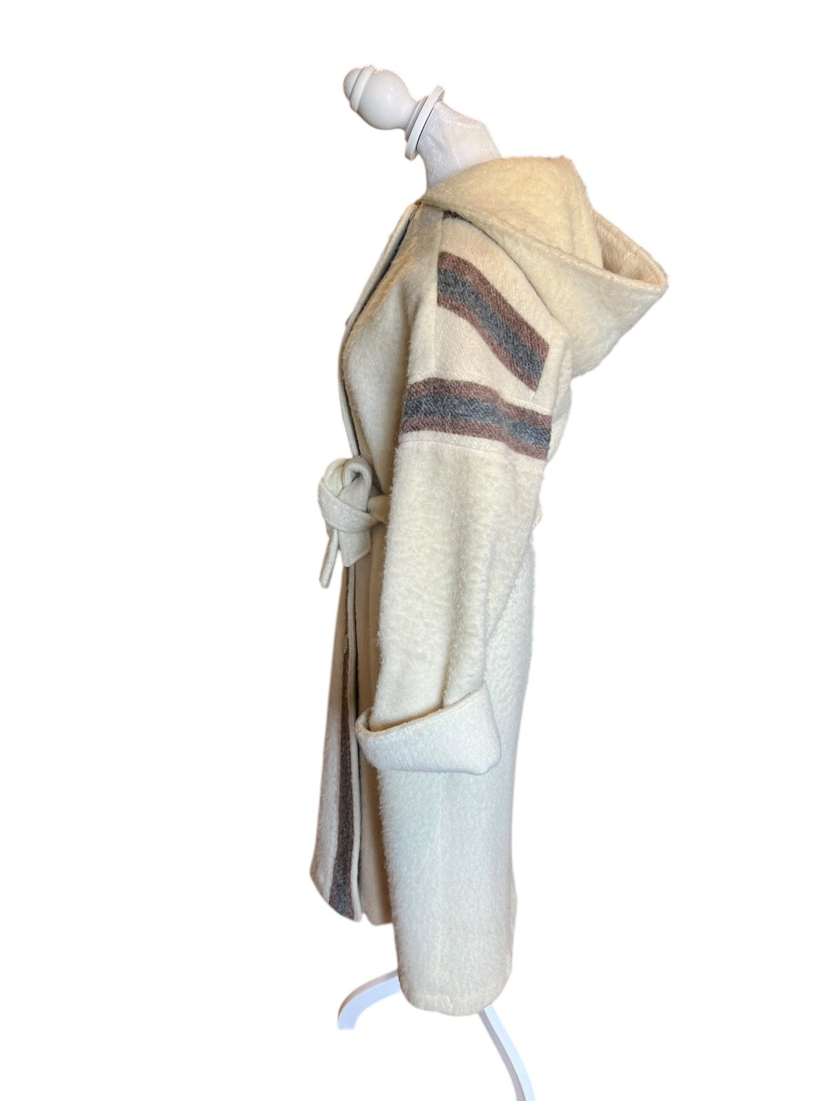 Vintage 1970s Variegated Gray Striped Wool Belted Hooded Coat Casa de Lana