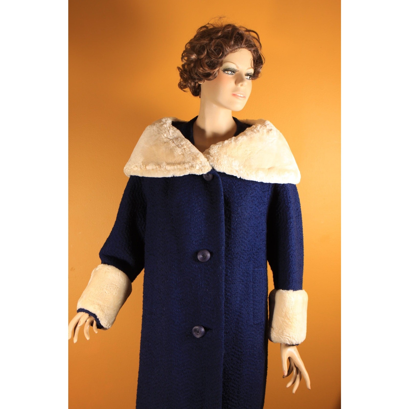 1950s Blue Long Sleeve Cream Sheared Chinchilla Fur Cuff Collar Coat by Adler’s