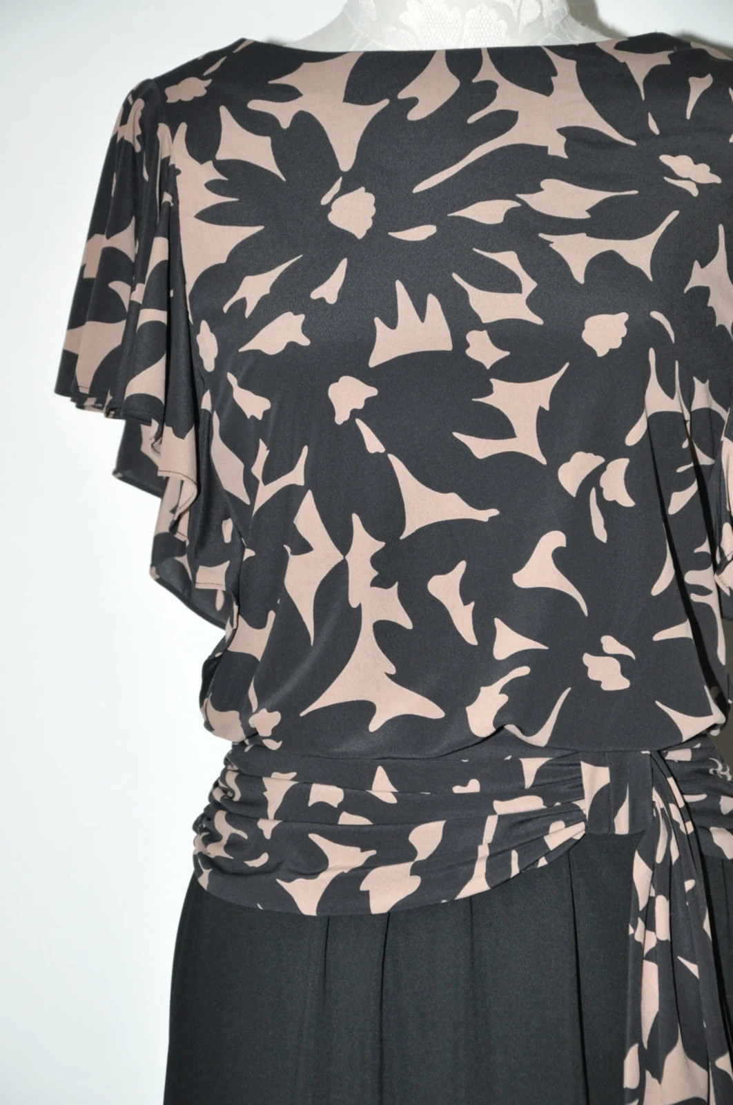 80s Vintage Black Beige Floral Print Back Buttons Draped Midi Dress Women S M