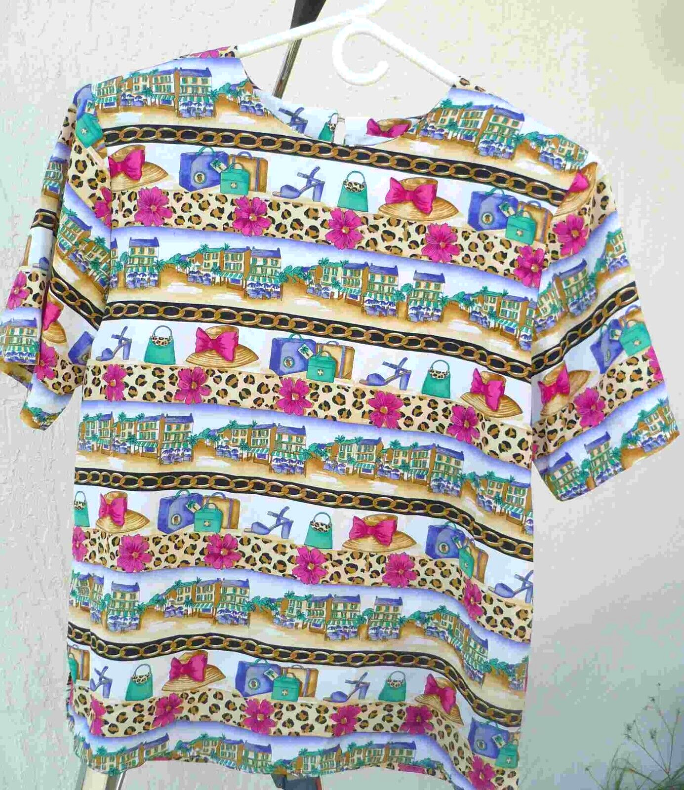 VTG 80S JORDAN RARE LEOPARD VILLAGE CHAIN FLORAL FASHION PRINT BLOUSE WOMEN M S