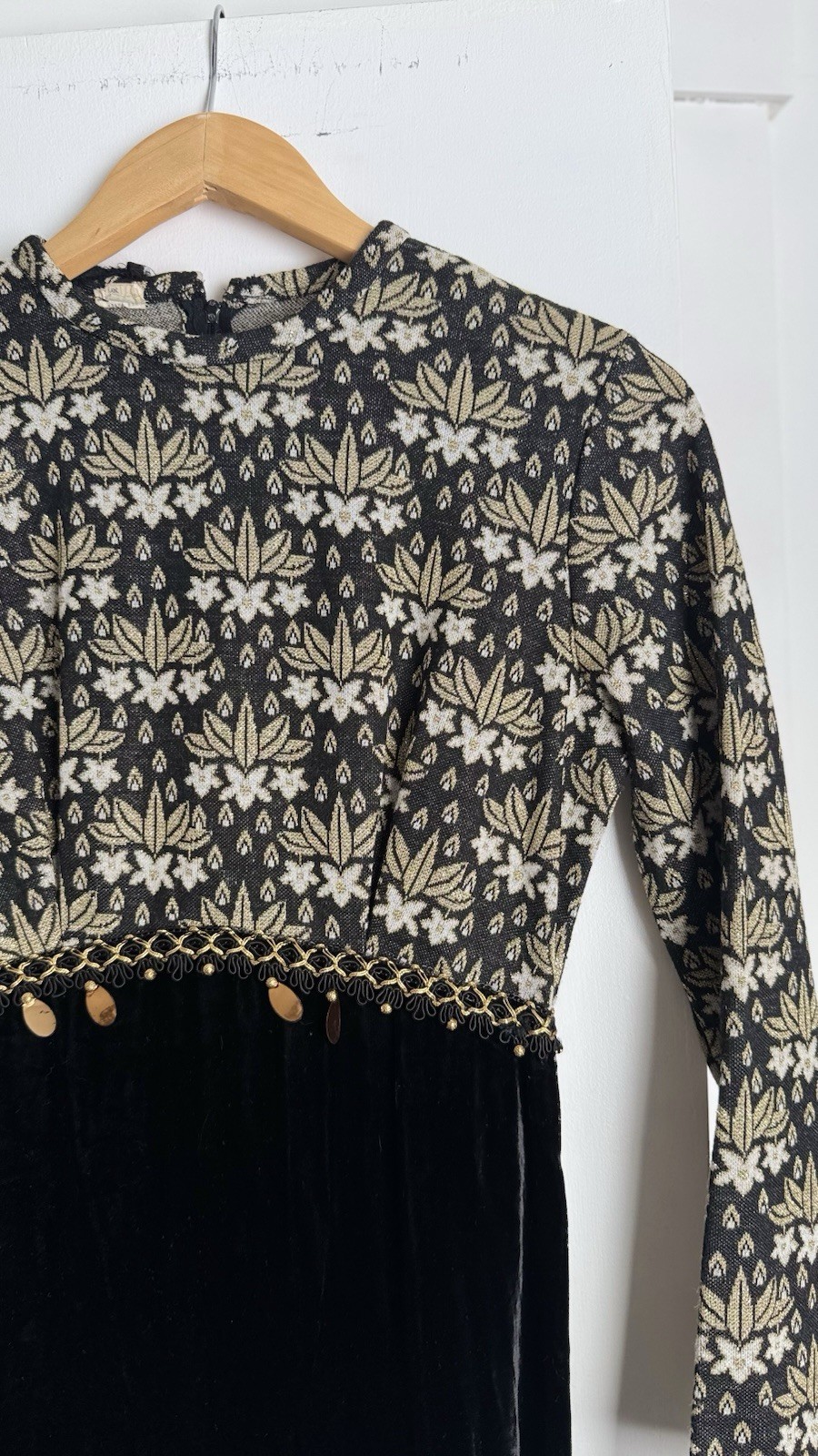 Vintage 60s Gold & Black Baroque Quilt Top & Velvet Skirt Maxi Dress XS 1960s