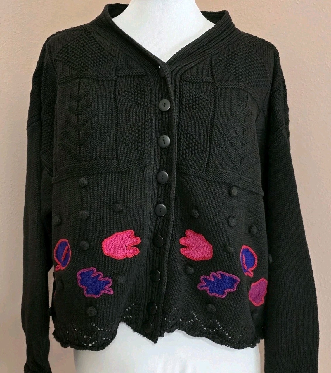 Generra Womens Vintage 80s Boxy Style Black Cotton Floral Cardigan Size Medium