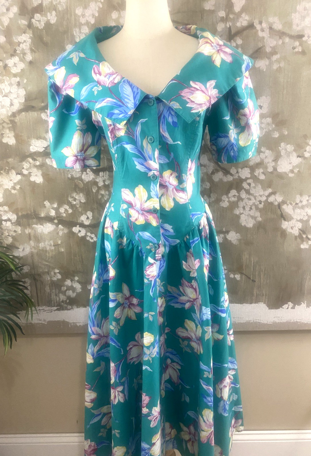 VTG 90’s Carol Anderson Teal Green Garden Party Pockets Bombshell Dress M-L