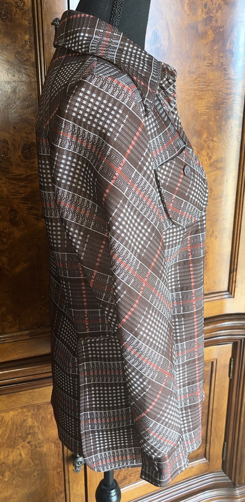 Vintage 70s Handmade Brown/Red Plaid Button Down Shirt Flare Collar Size M