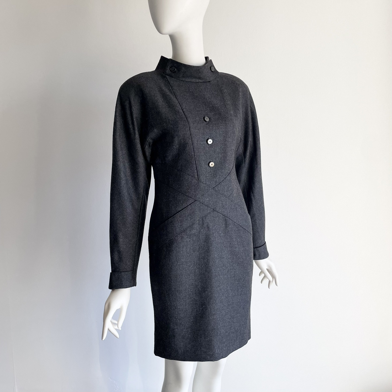 Vintage 1980s Chloe Gray Wool Dress Cross Front Buttons Shoulder Pads Size XS