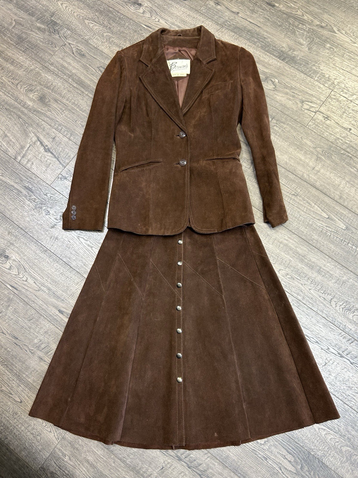 VTG Bermans Brown Suede Skirt Suit Set Blazer Jacket Snap Front Midi Skirt 10 12