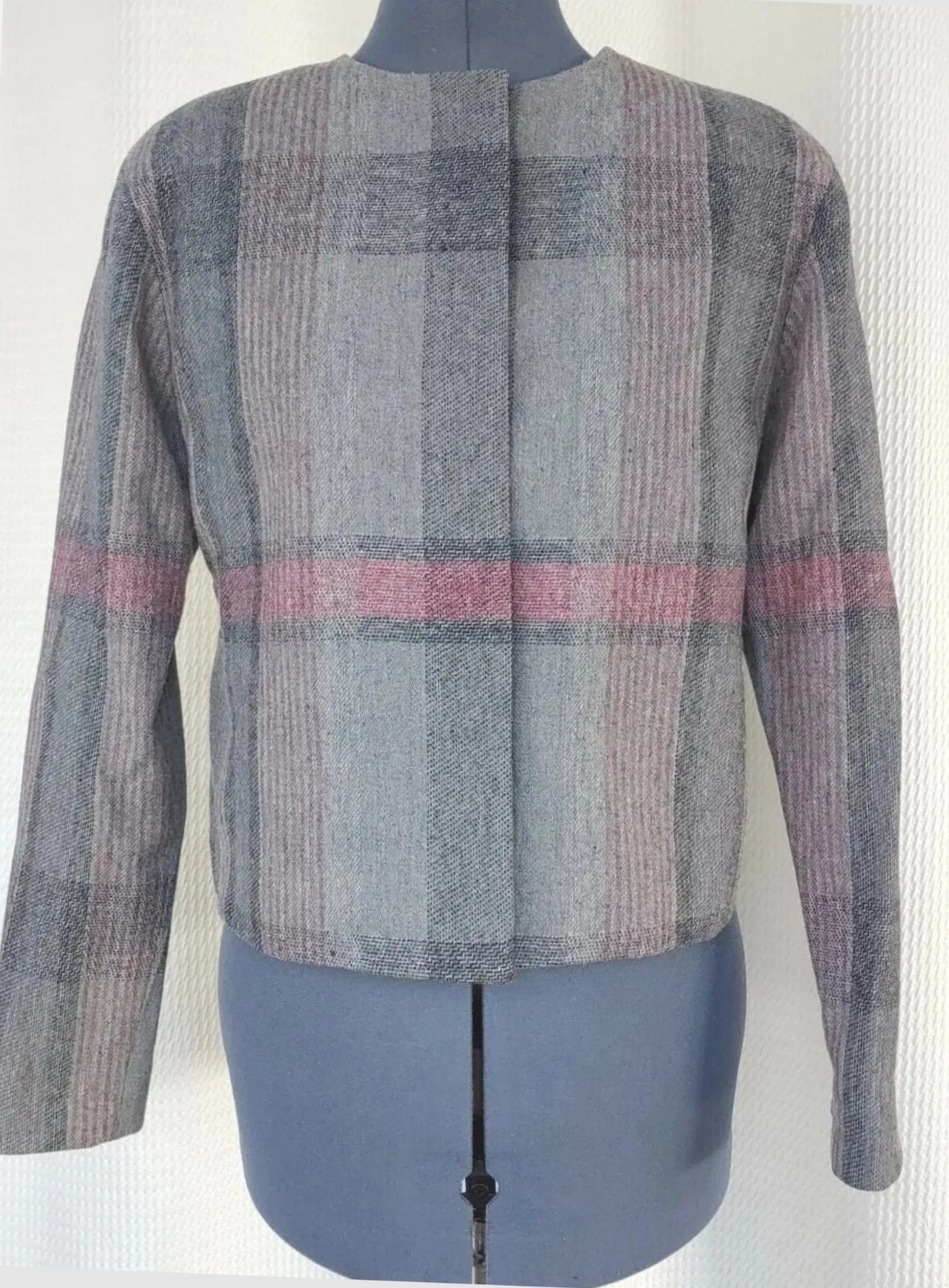 Vintage John Meyer Grey & Pink Plaid Collarless Wool Jacket Size 8