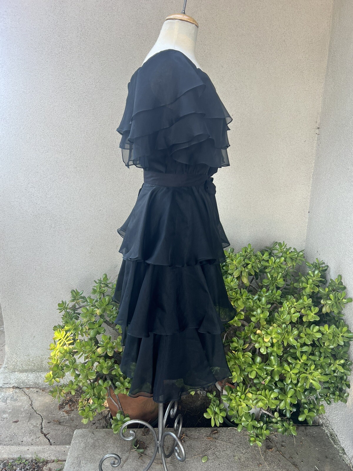 Vtg Black Chiffon Dress Cocktail Midi Tiered Sz 8 Jill Richards