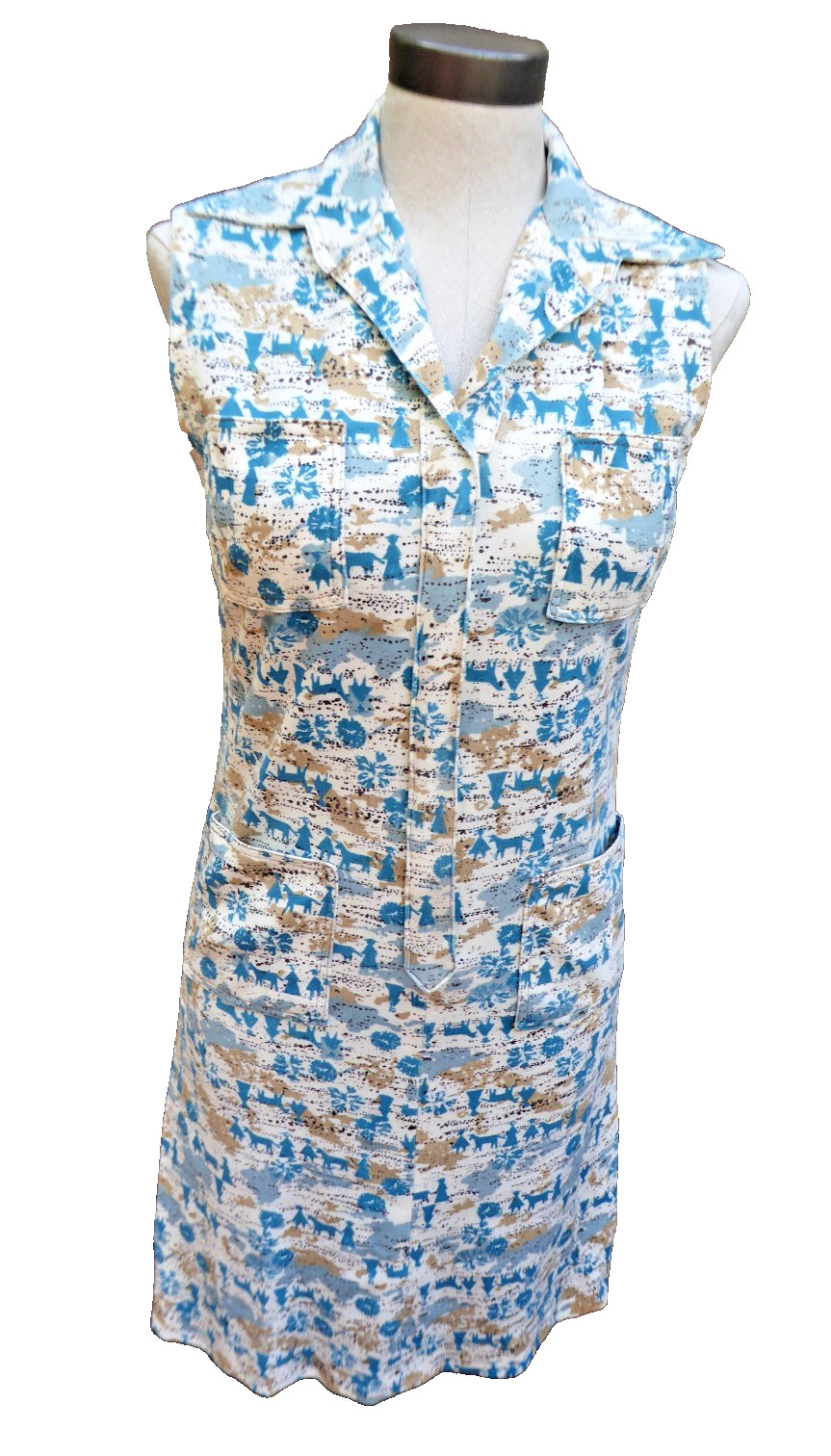 VTG 60s 70s Handmade Novelty Print Shift Dress Blue White Sleeveless Mod Small