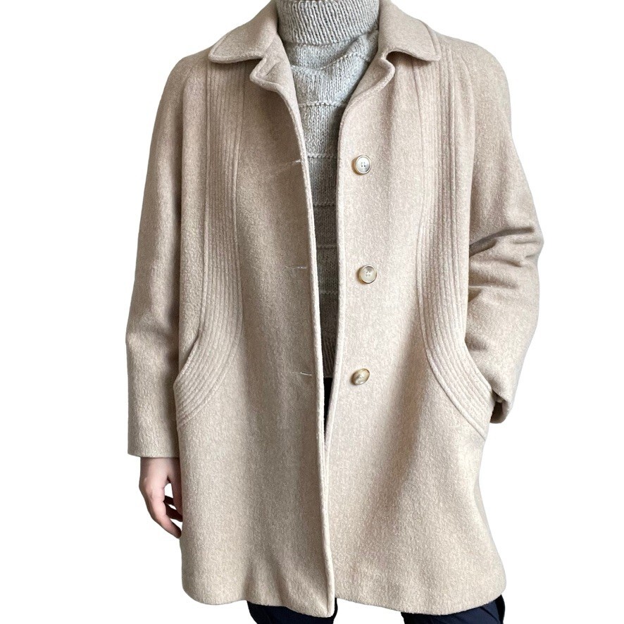 Vintage Bromley Collection Womens Cream Wool Mid Length Retro Trench Coat Sz 16