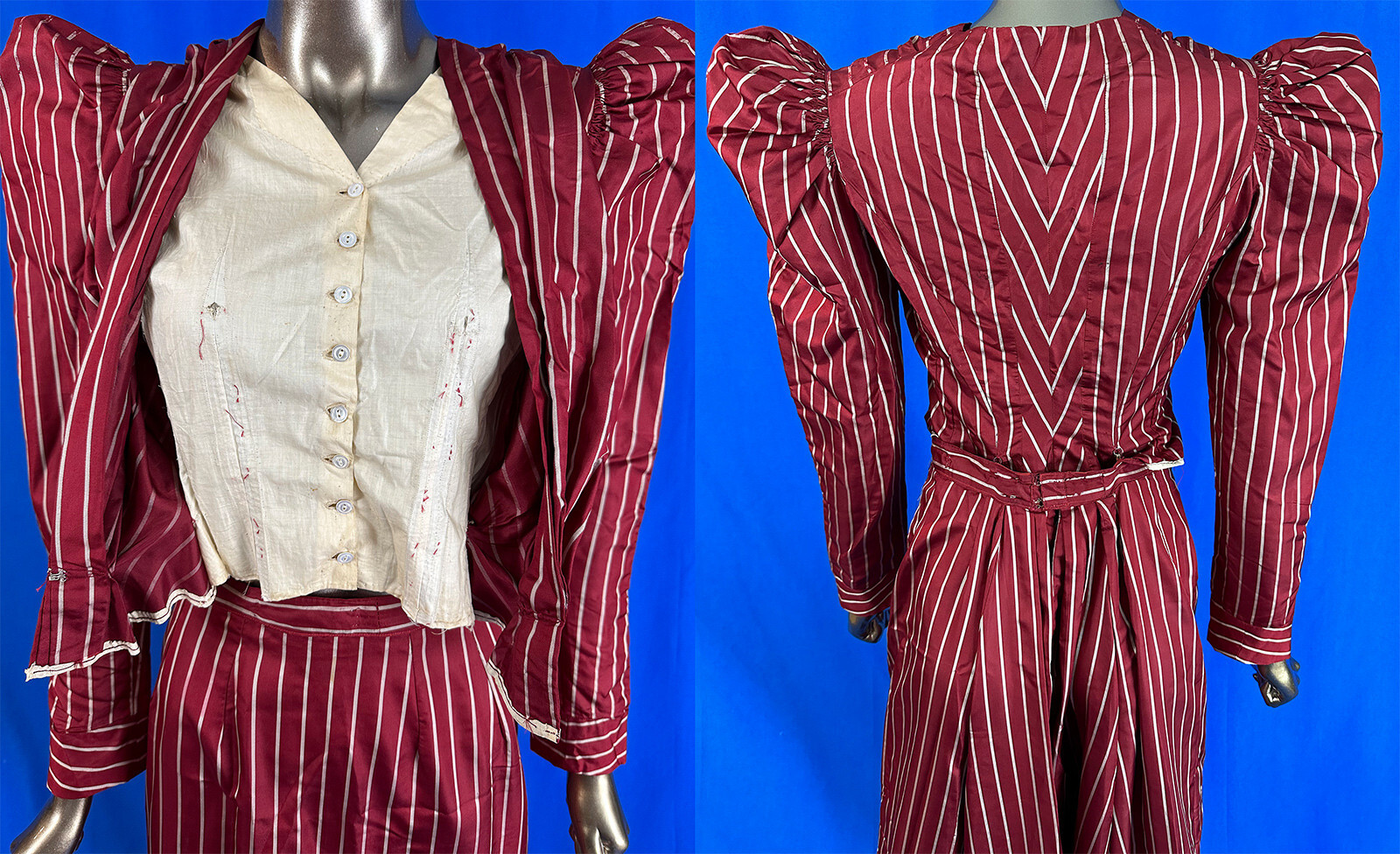 Victorian Red & White Striped Silk Leg of Mutton Sleeve Bodice Skirt Dress VTG
