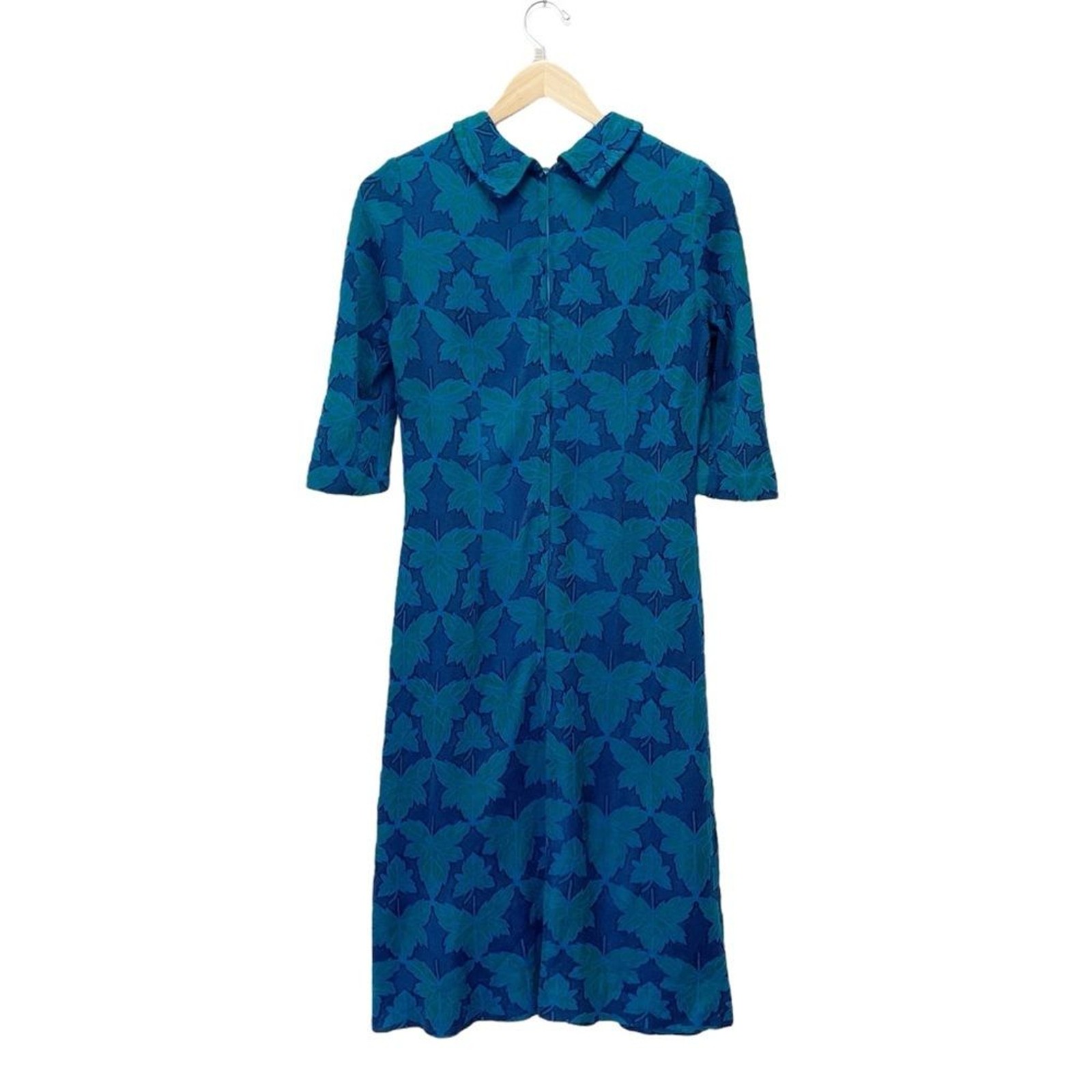Vintage 1960s Jean Lang Original Blue Green Jacquard Leaf Print Dress Mod A-Line