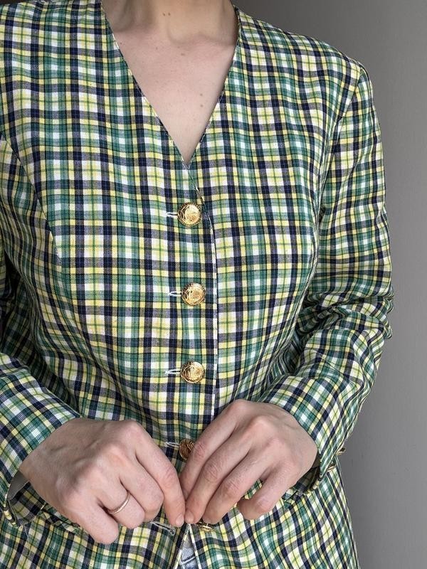 FAIR LADY vintage green yellow checked jacket with gold buttons size M
