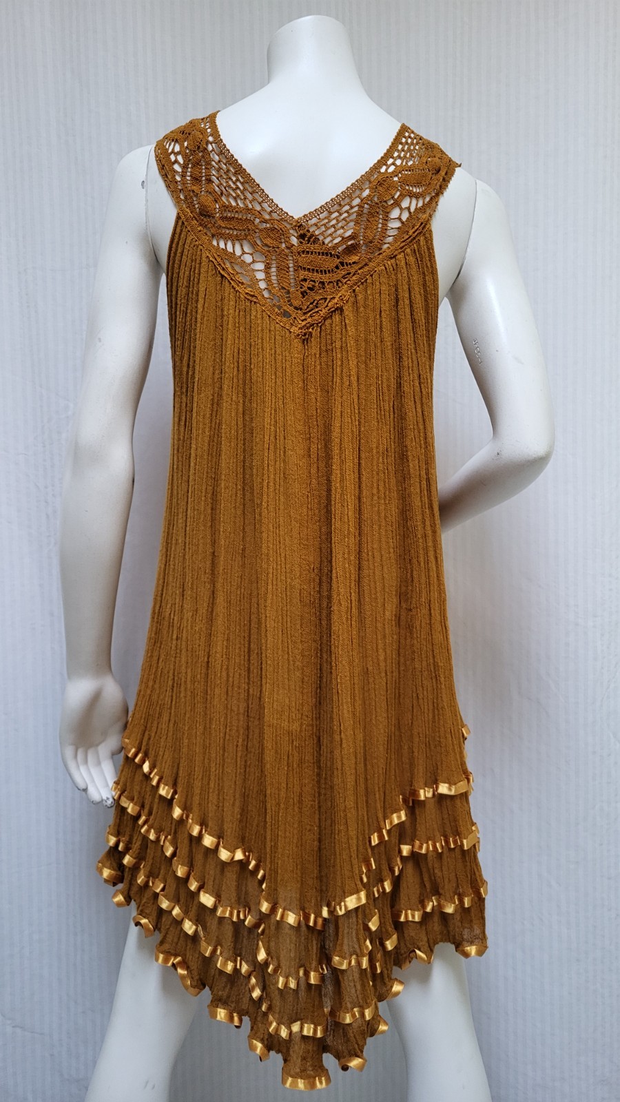 Vintage Gold Cotton Gauze Dress with Crochet & Satin Ribbon Trim – Size M/L -EUC
