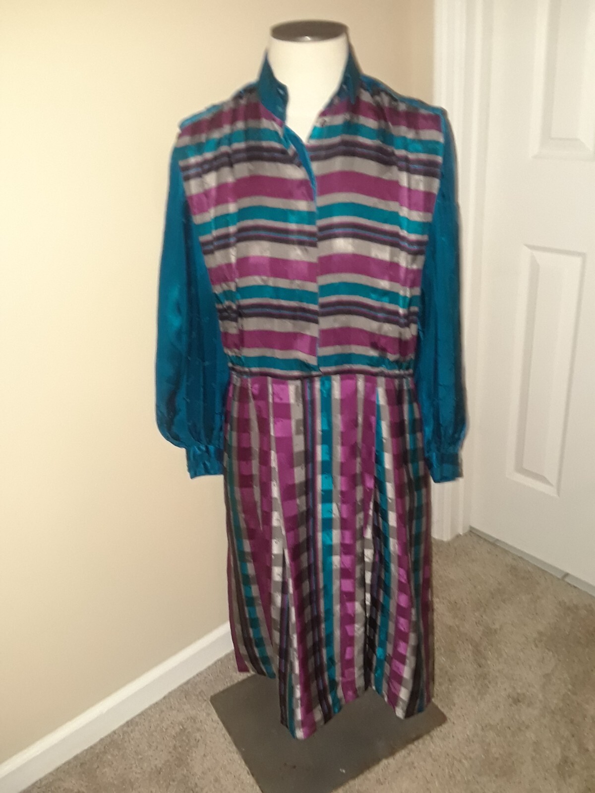 Vtg Francesca of Damon for Starington Turquoise Magenta Striped Silk Dress Sz 10
