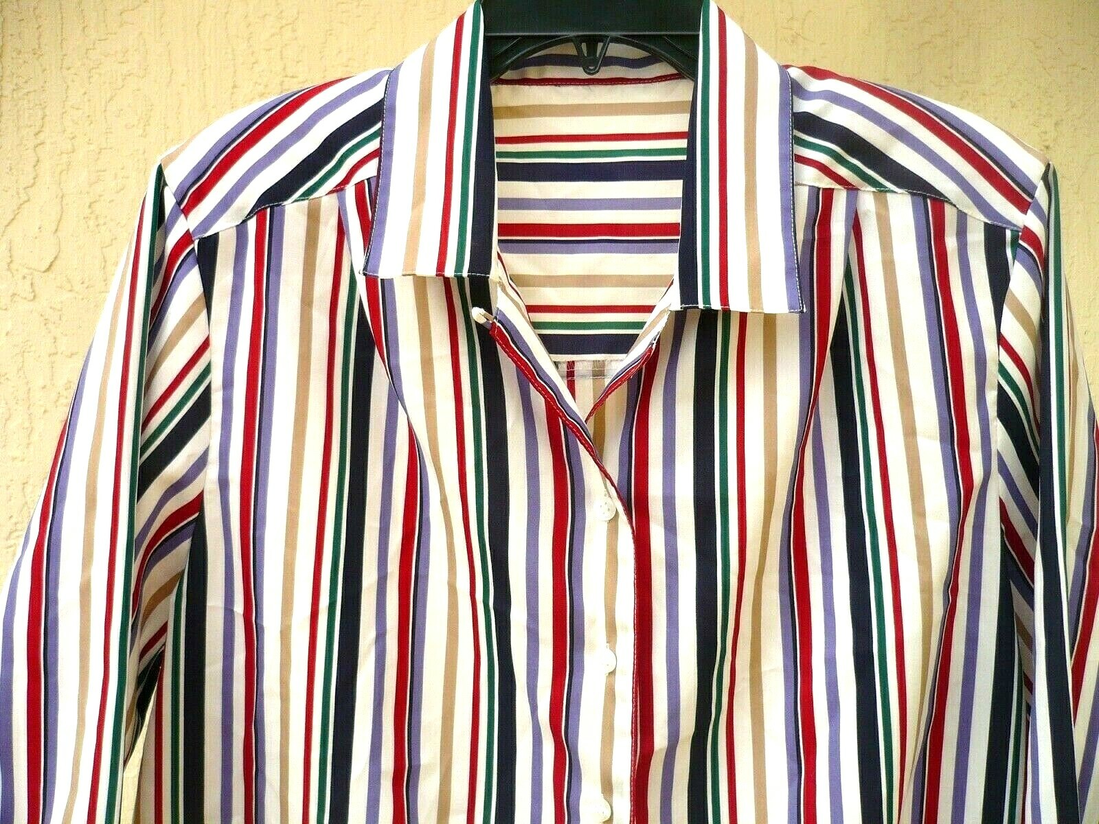 VTG 80S L BUTTON UP COLORFUL RED PURPLE GREEN TAN STRIPED SECRETARY BLOUSE WOMEN