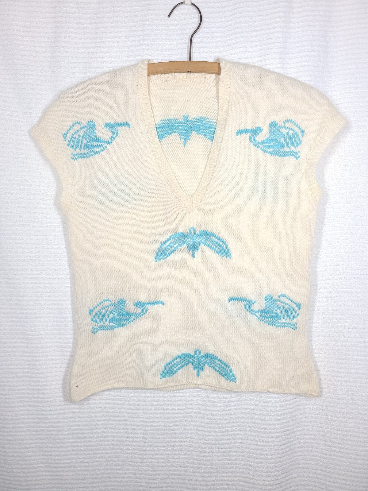 Vtg 50s Wool Hand Knit Top Intarsia Birds Stork Ivory Blue S M Retro Pinup Ooak