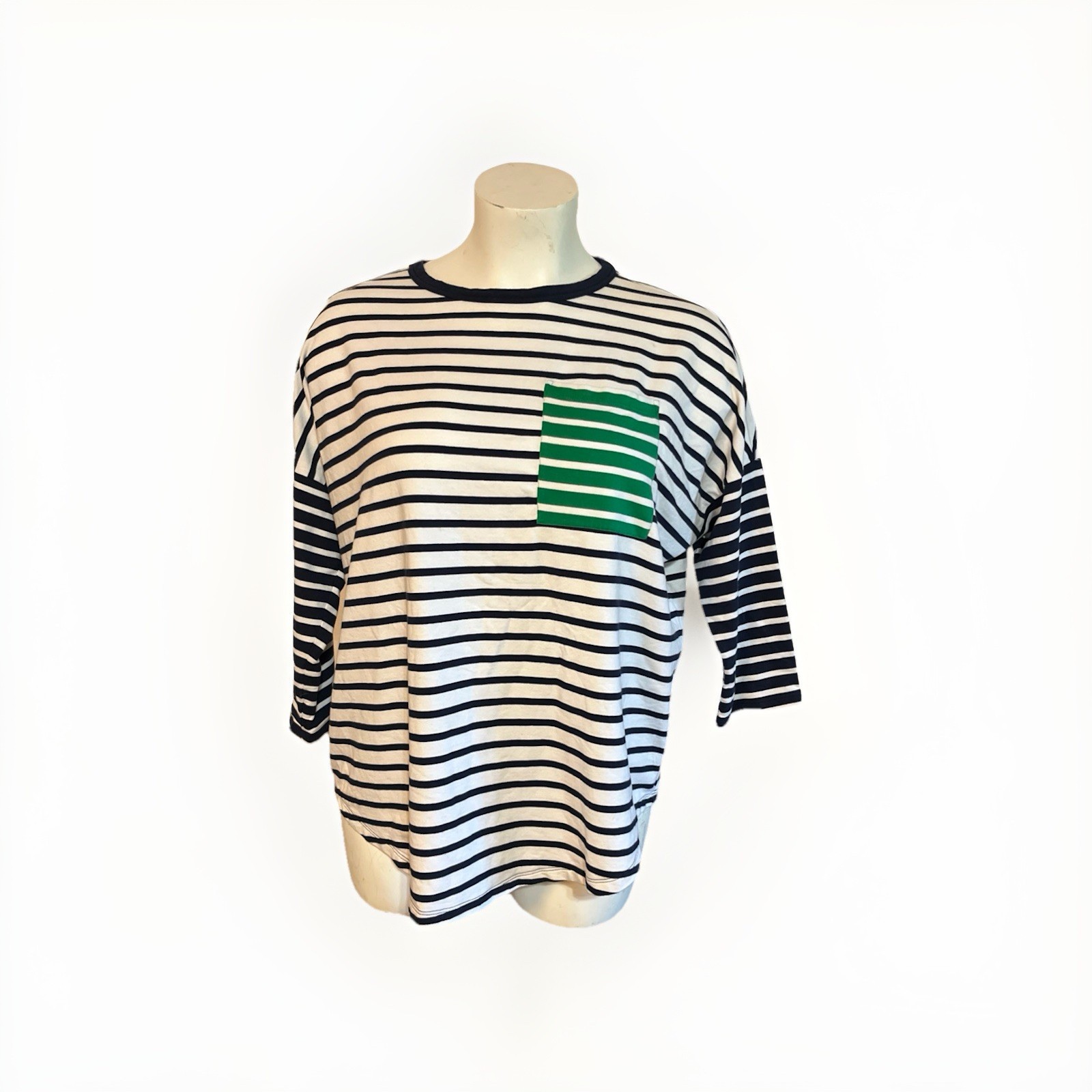Crown & Ivy 2X Black & White Striped Top, Green Contrast Pocket Stretch Comfort