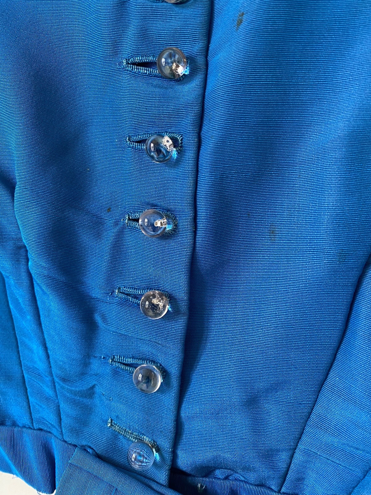 1860s Blue Bodice Civil War Era Glass Ball Buttons Antique Silk Faille