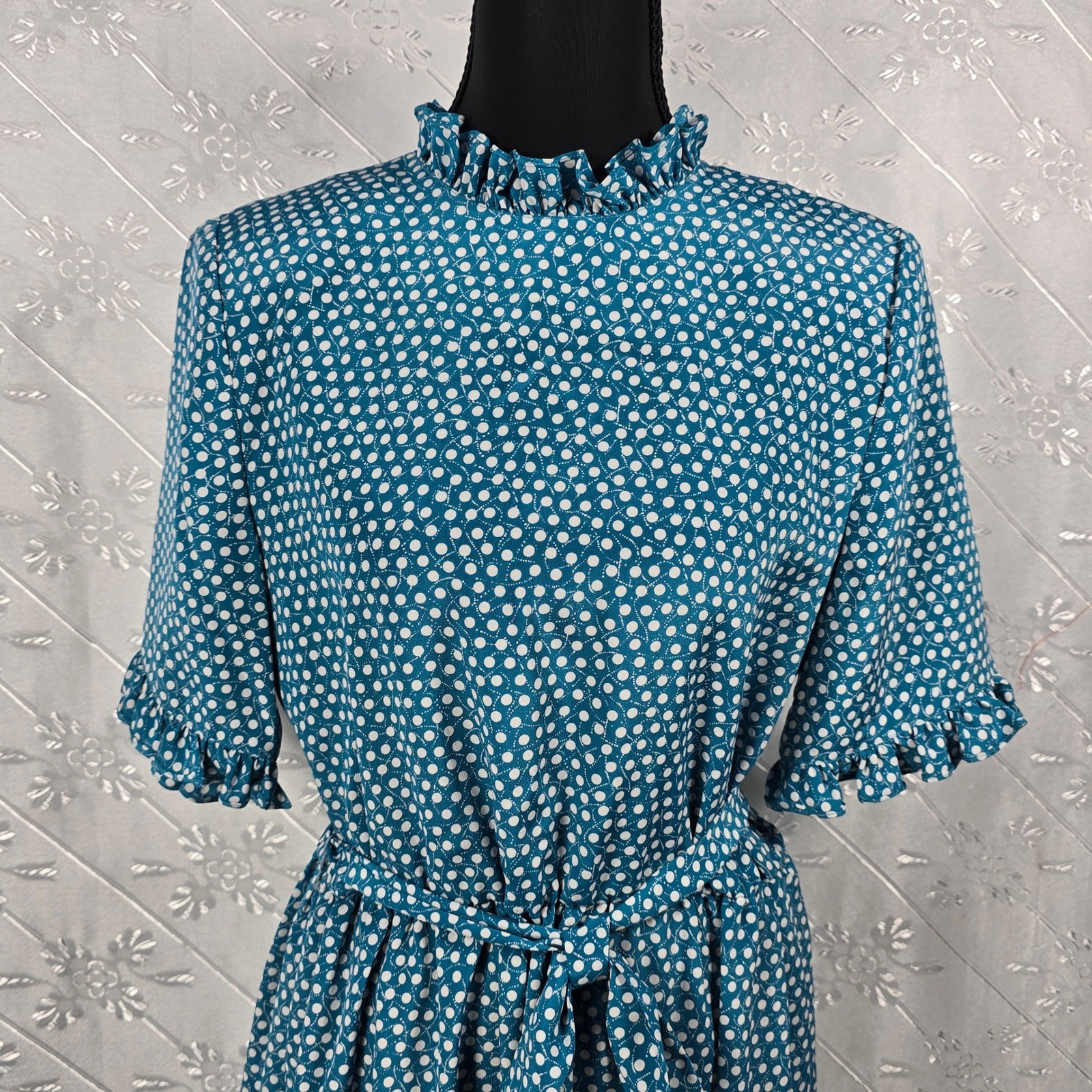 Ciao Ltd Vintage Teal Polka Dot Midi Dress Ruffle High Neck Short Sleeve Retro