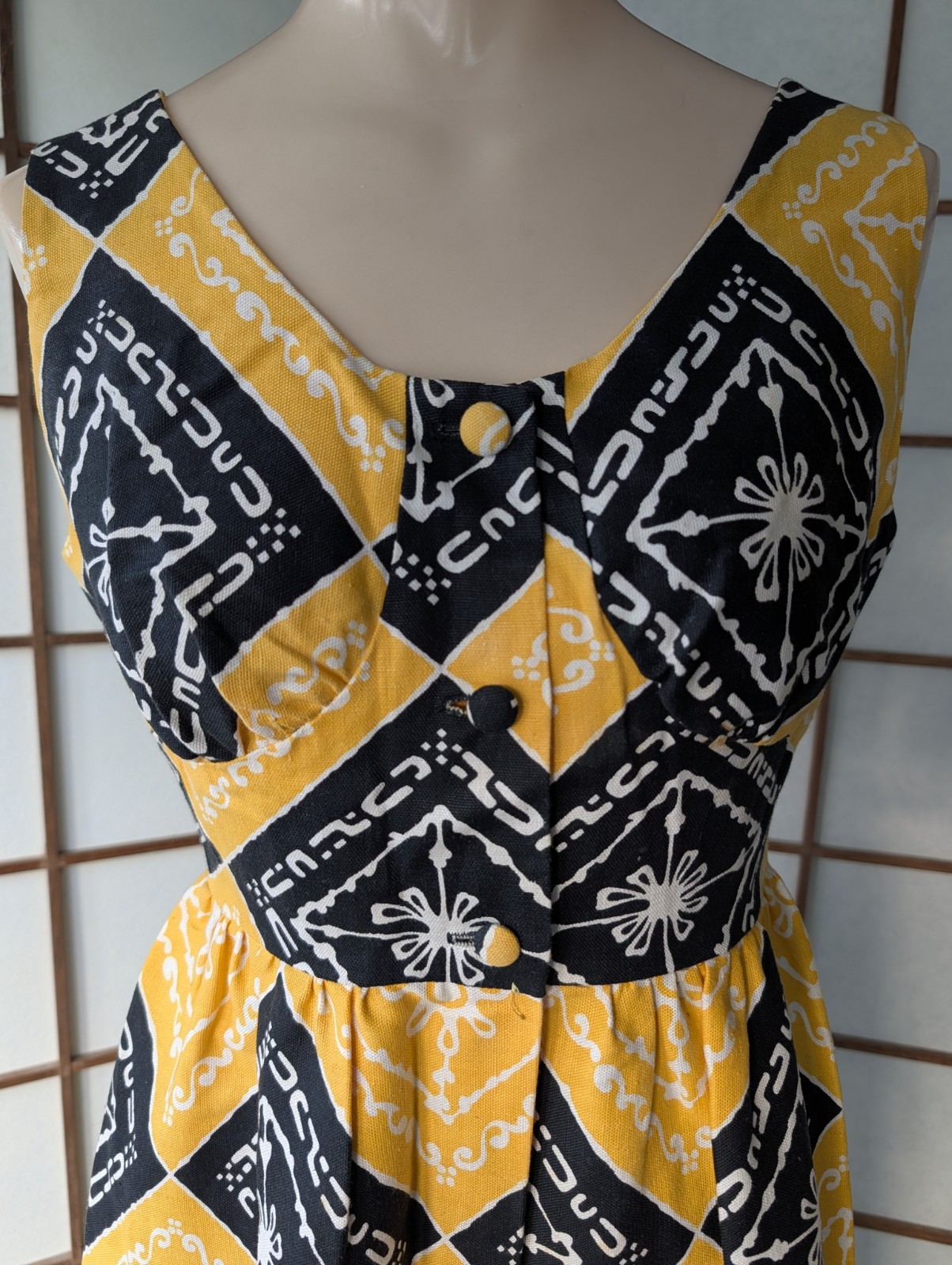 Vtg 70s Malama Hawaii Liberty House Maxi Dress MuuMuu Ylw & Blk Tribal Print XS