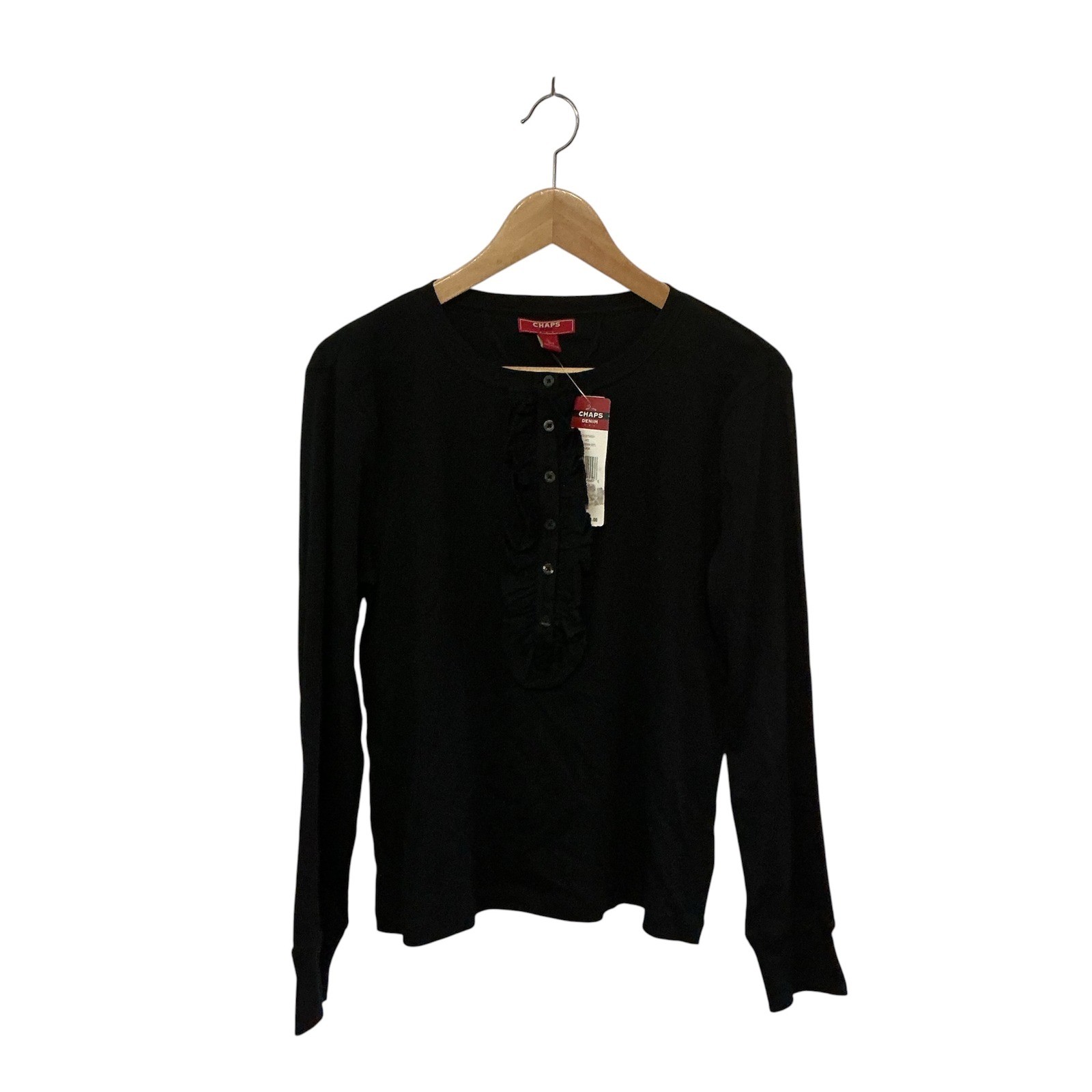 Chaps Denim Vintage Tags Black Ruffle Henley Top NEW Preppy Y2K