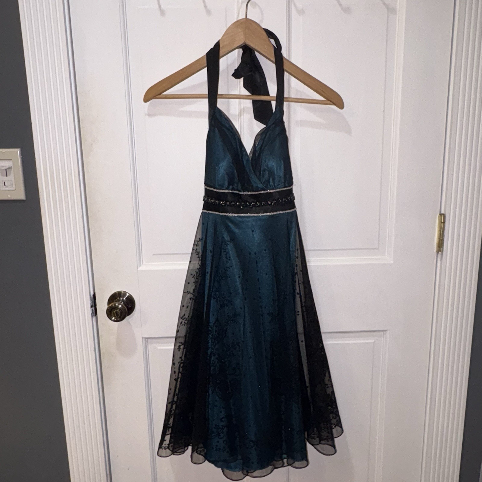 Teeze Me Juniors Halter Party Dress – Teal Blue with Black Overlay, Size Small