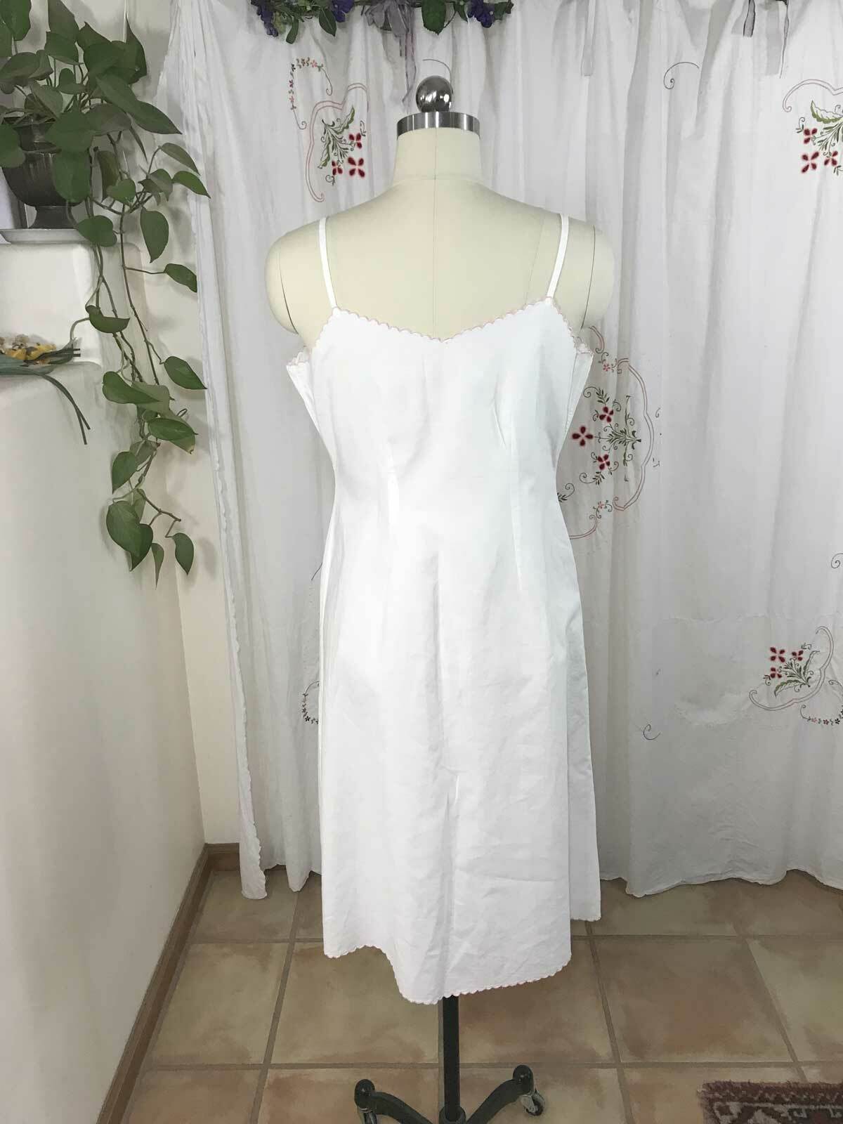 Vtg French White Cotton Slip Summer Day Dress Nightgown Pink Embroidery sz M/L