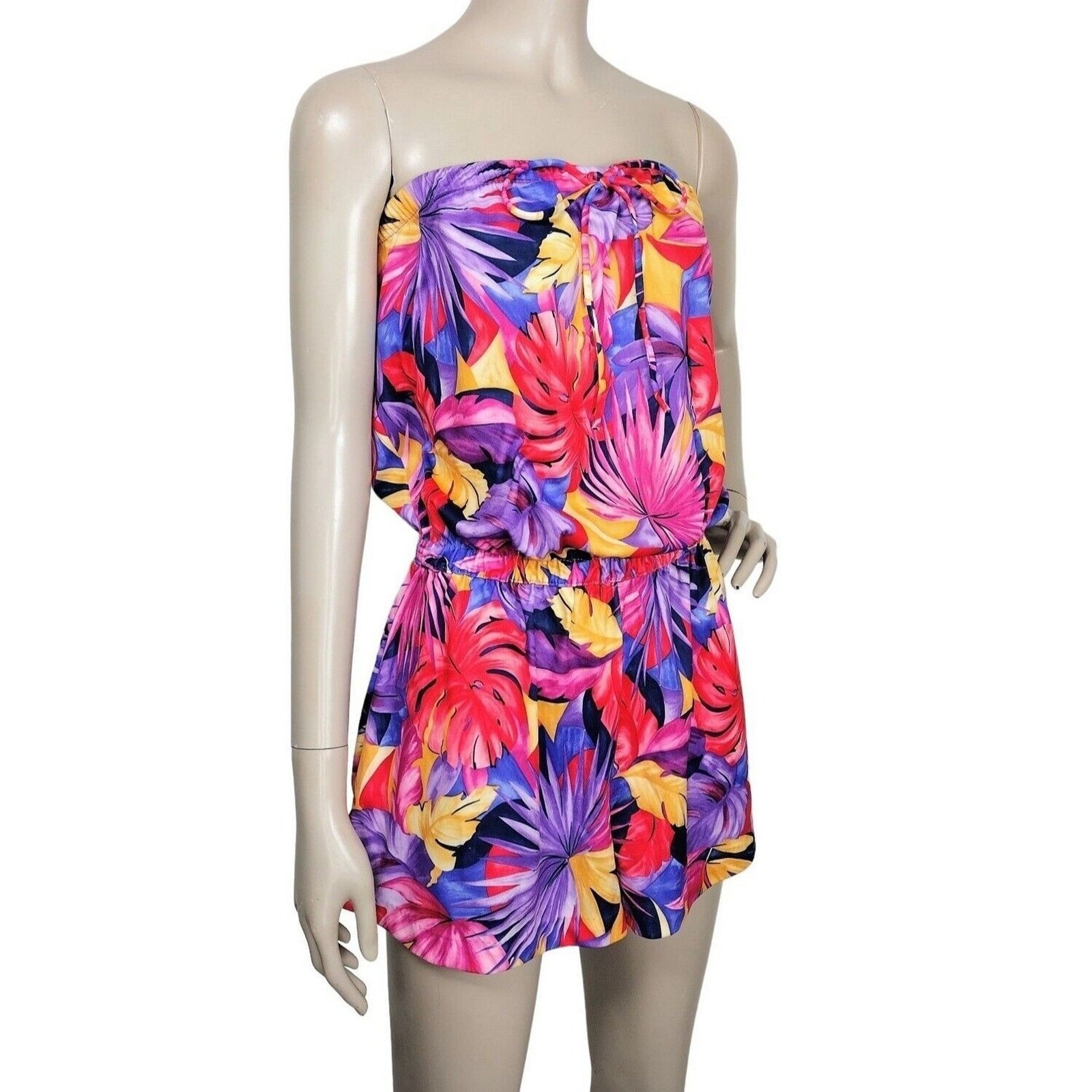 Vintage 70’s Colorful Strapless All Over Palm Leaf Print Short Romper Granada
