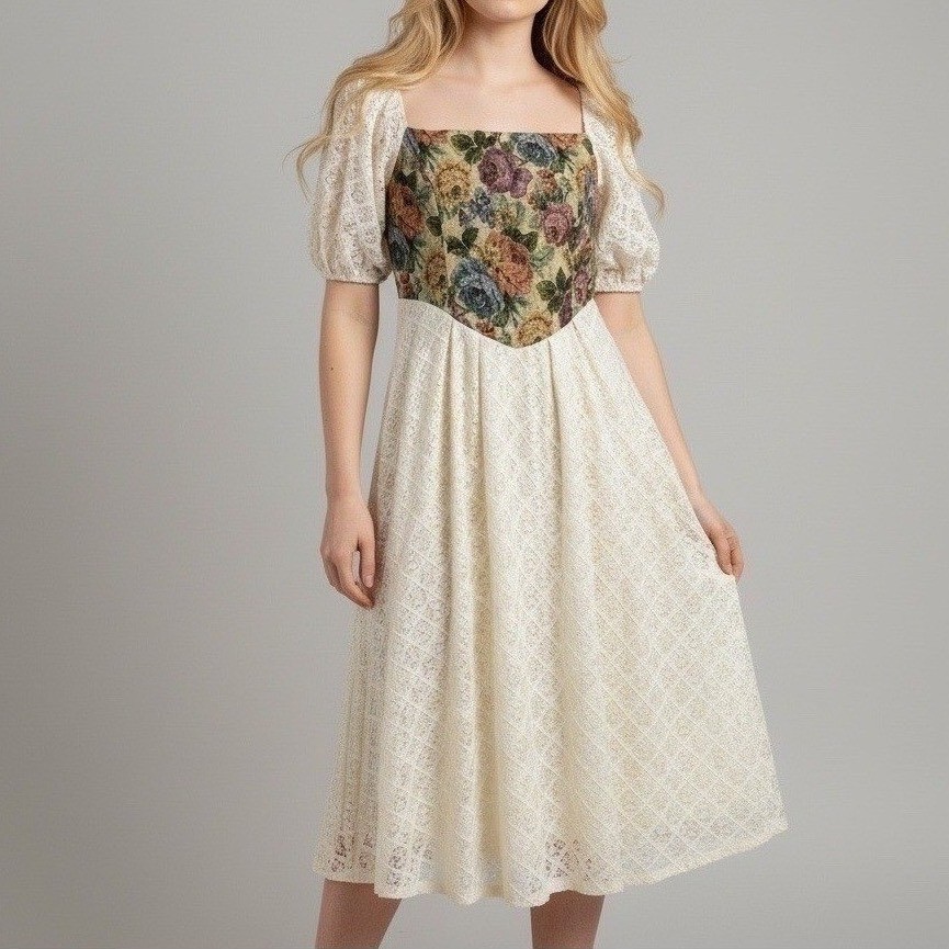 SHEIN Floral Midi Dress L Lace Trim Puff Sleeve Cottagecore Renaissance Milkmaid