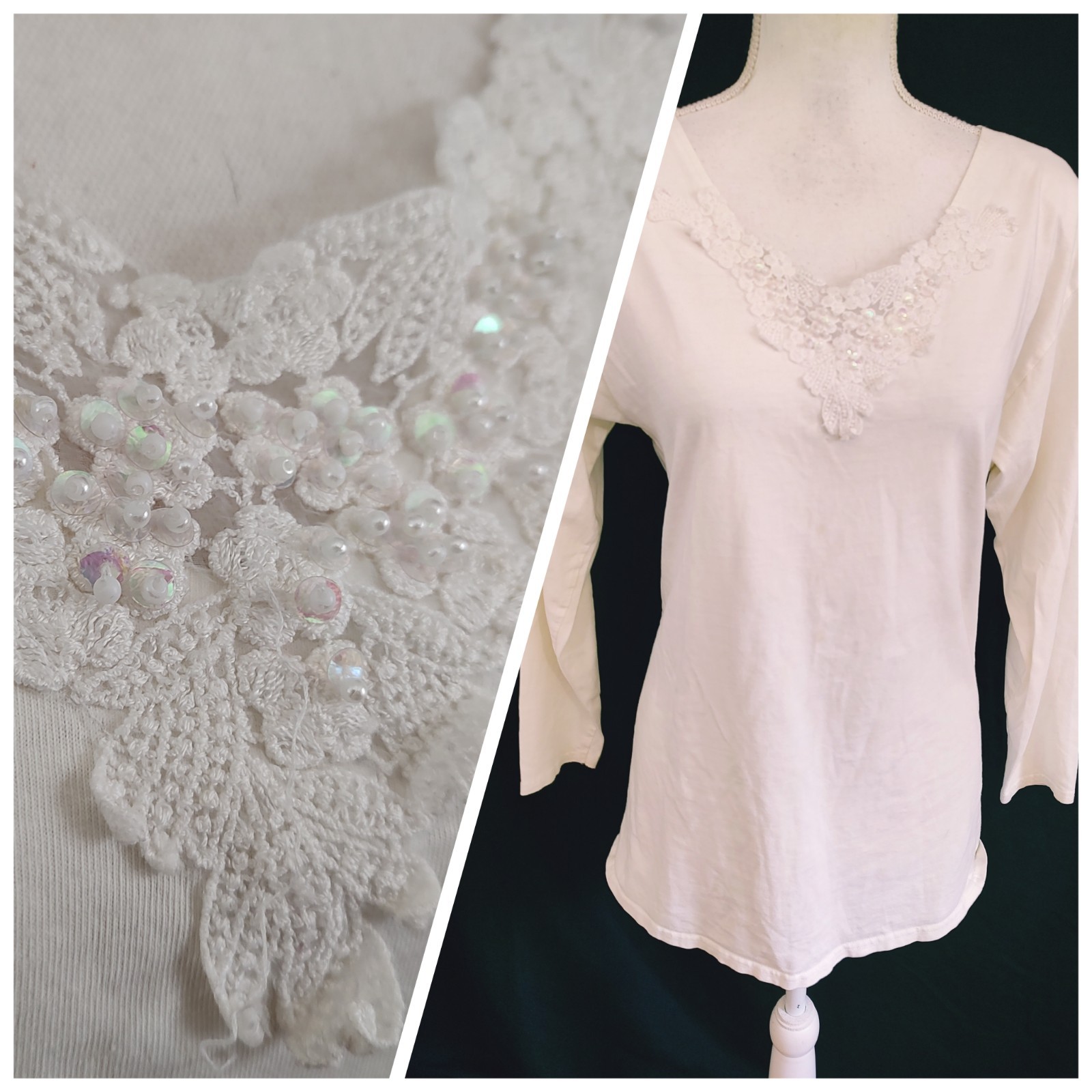 90’s Stefano World Wide Shirt White Sequin & Lace Accent V Neck 3/4 Sleeve Sz S