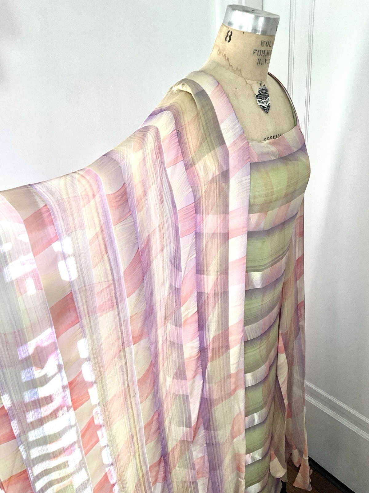Vintage 1976 Jean Hercey Pink and Celadon Silk Combed Chiffon Dress