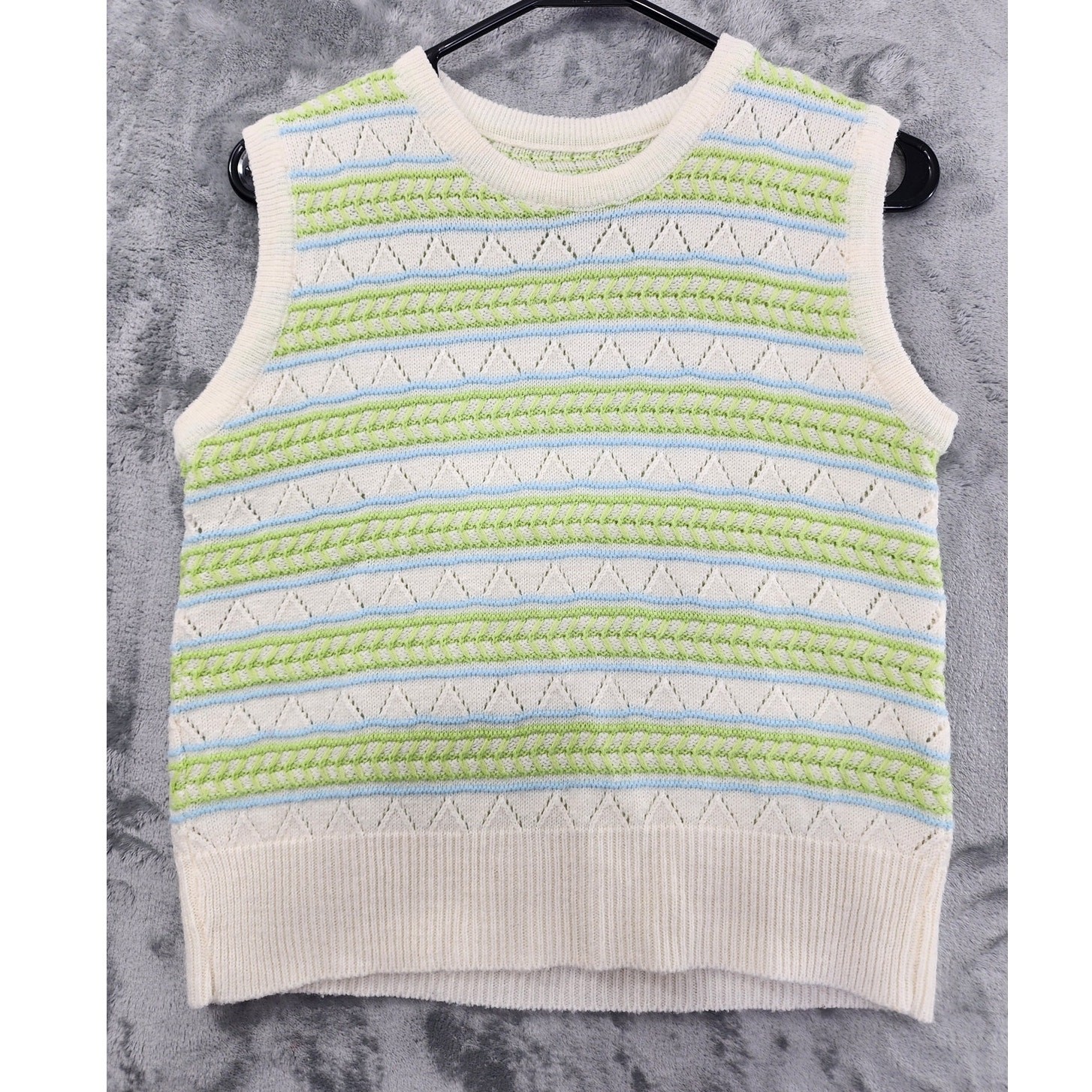 Vintage Sweater Womens XS Cream Green Blue Striped Pointelle Cardigan Twin Set