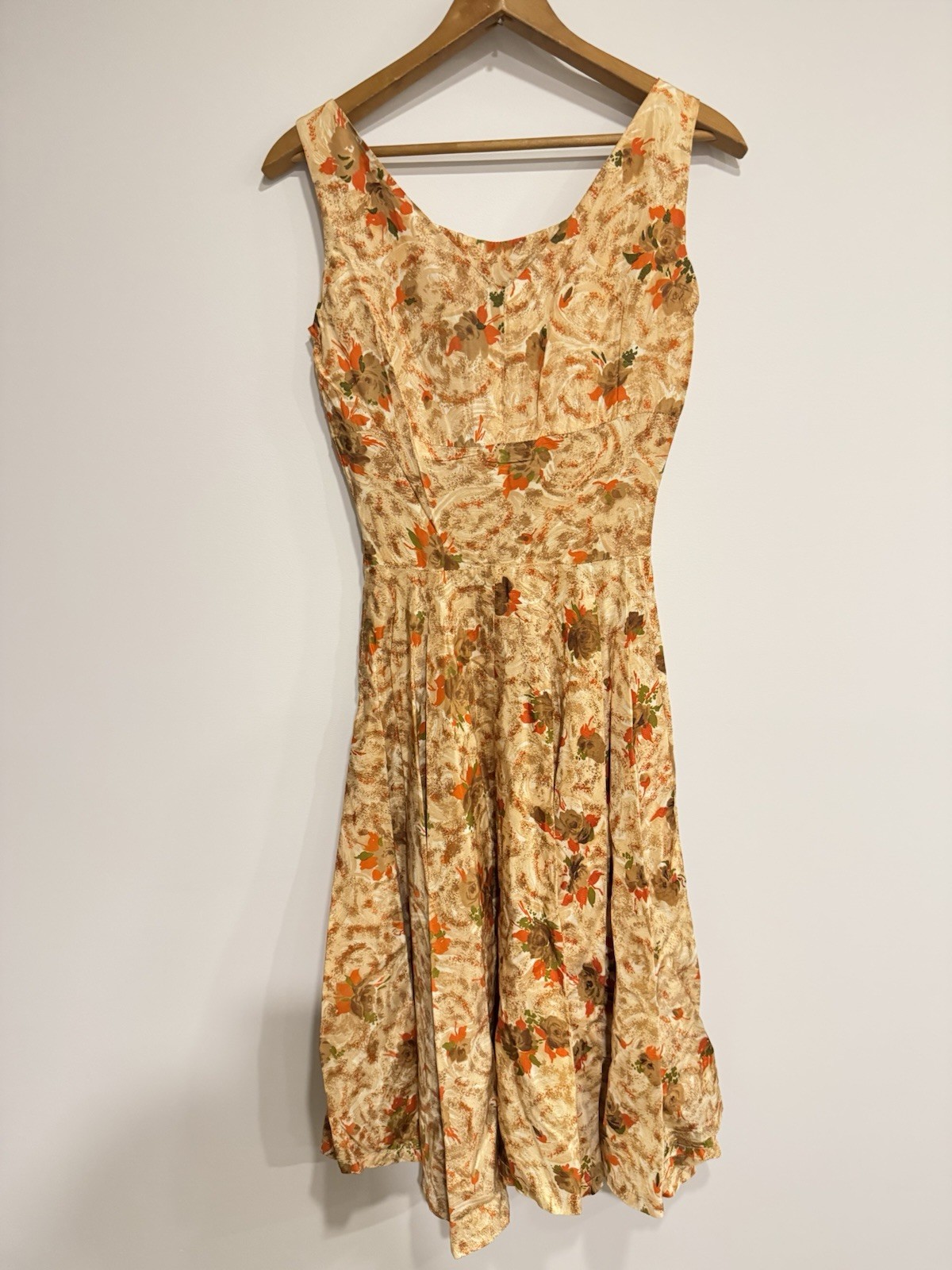 Vintage MCM 50s/60s Handmade Dress Tea Length Earth Tones Floral Fit & Flare XXS