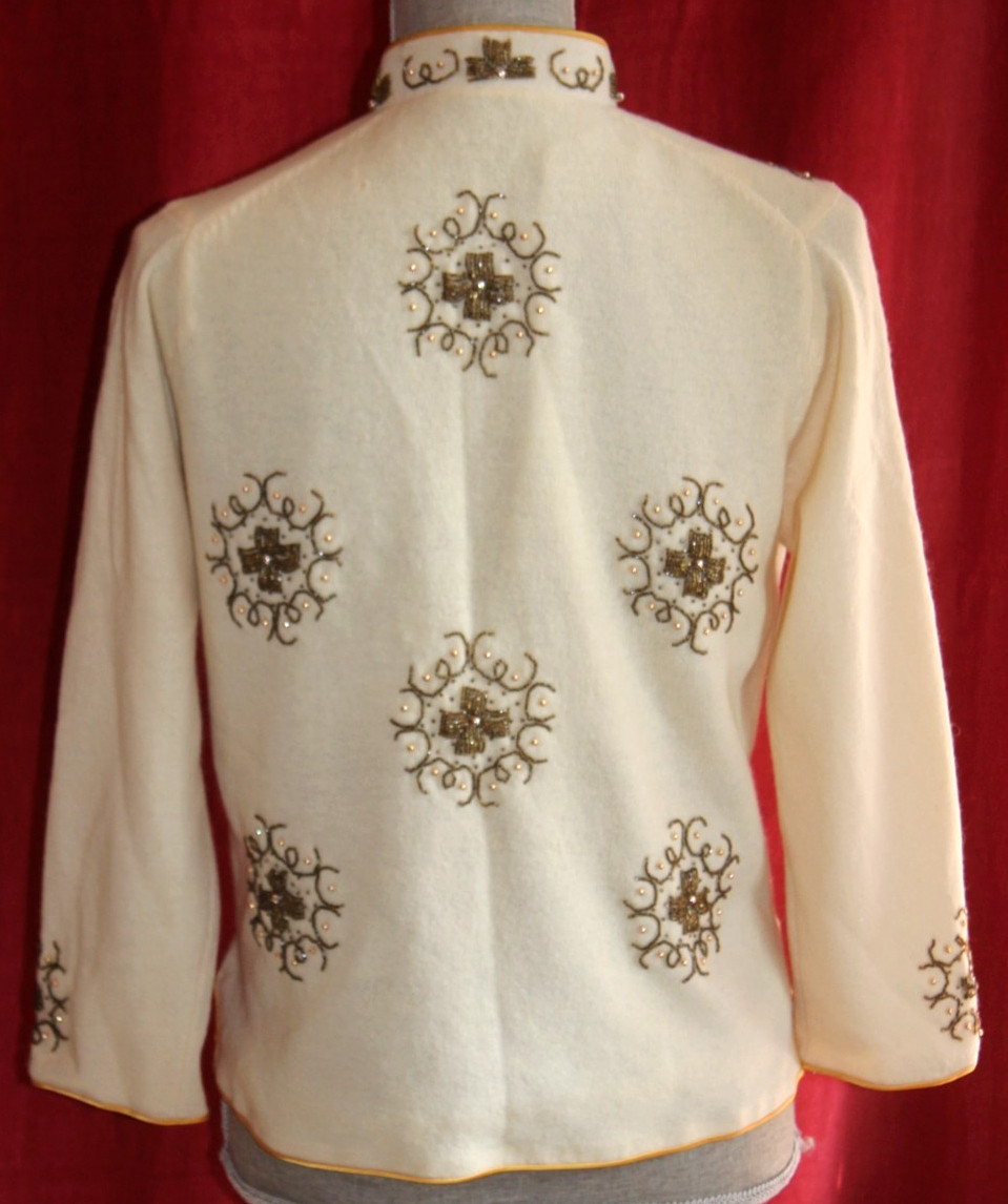 Vtg 60s Beaded Sweater Cardigan Mandarin Collar sz 4 Ivory Gold Bronze has flaws