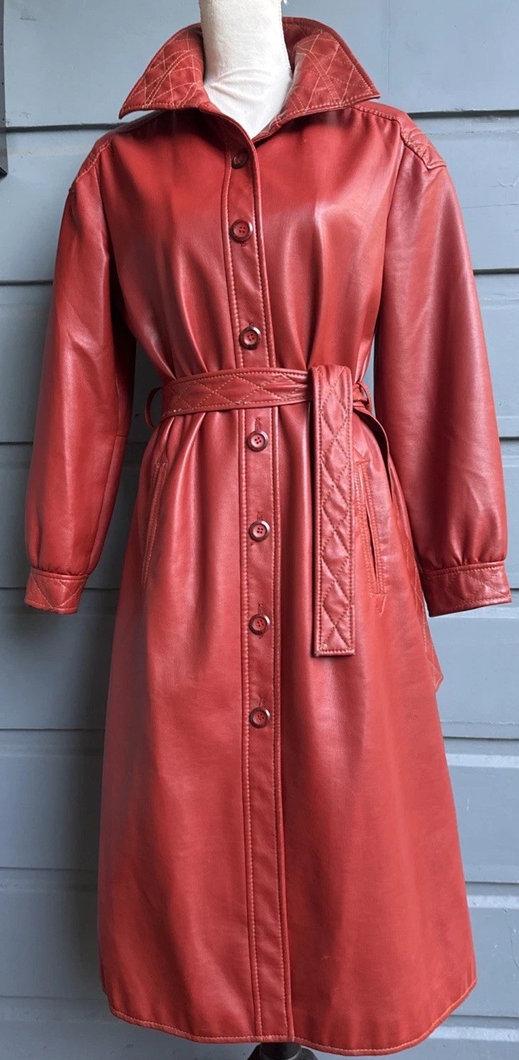 Vintage 70s Burnt Orange Leatherette Trench Coat- Korea- Size 12-Vegan-Mint!