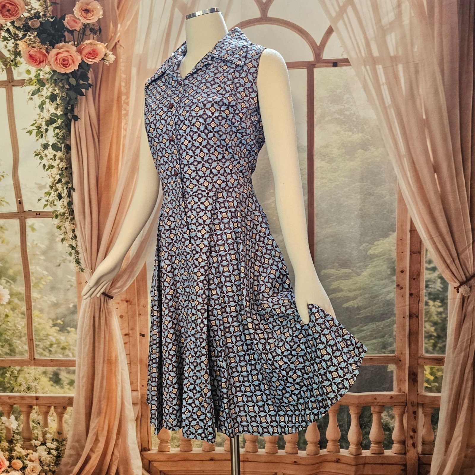 Vintage 1970s Dress Fit and Flare Sandy Lane Blue Brown Geometric Print Buttons