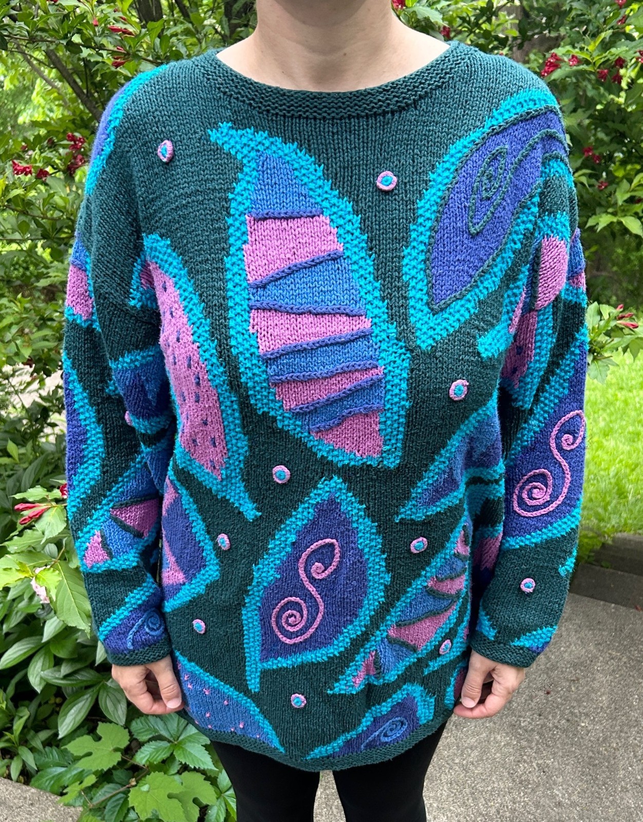 90s Segrets Sun Prints Handknit Sweater Abstract Leaf Pattern Drop Shoulder Sz M