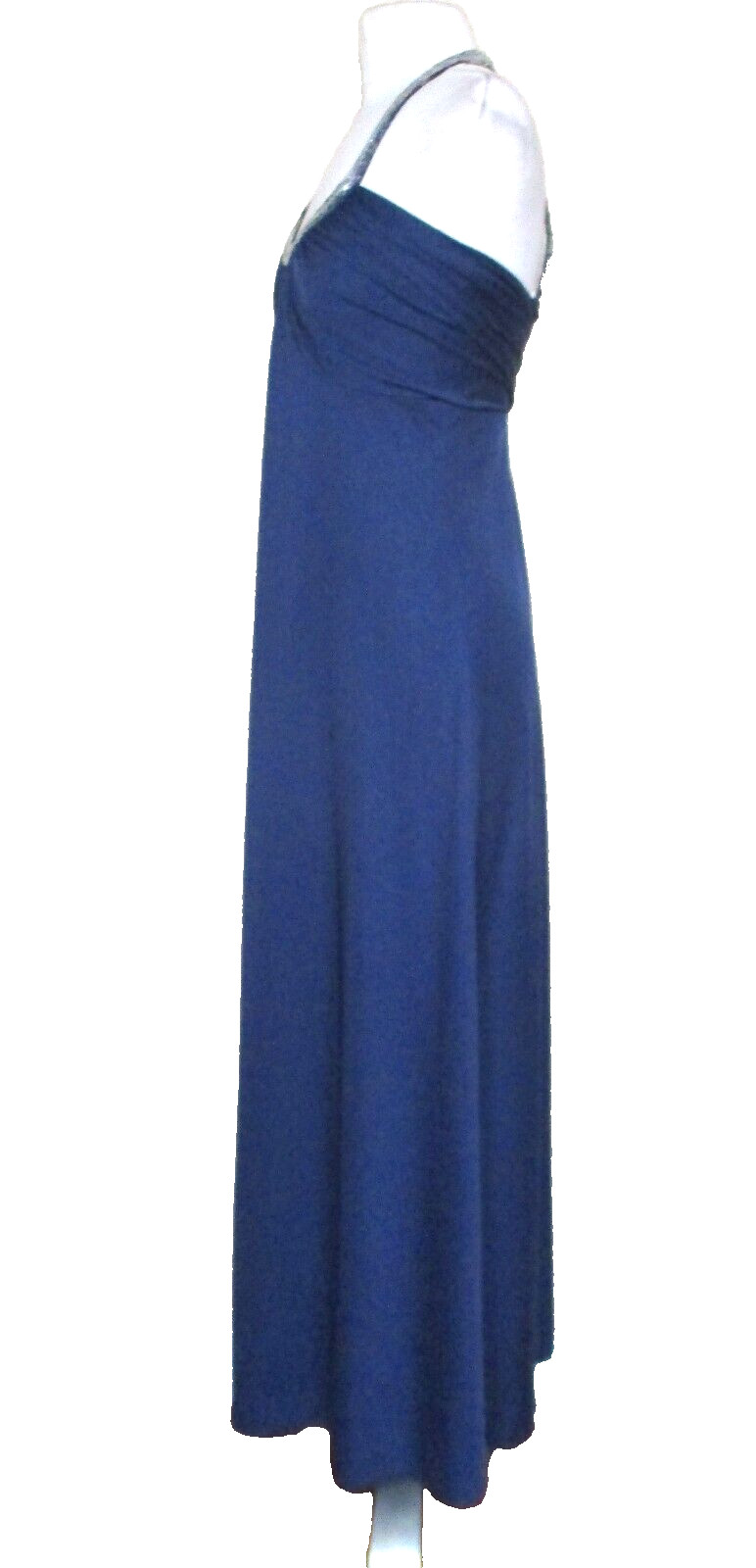 Vintage 70s Maxi Dress Evening Gown S/M Women Indigo Blue Beaded Halter Neck