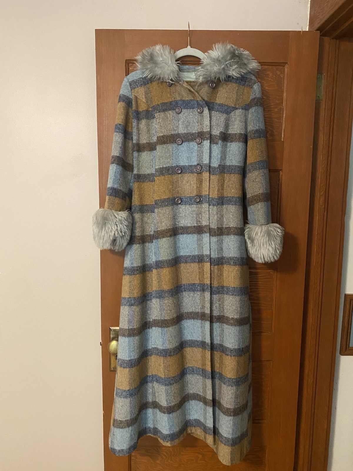 Long Vintage 1970s Blue Plaid Winter Coat With Faux Fur Trim Hood And Sleeves