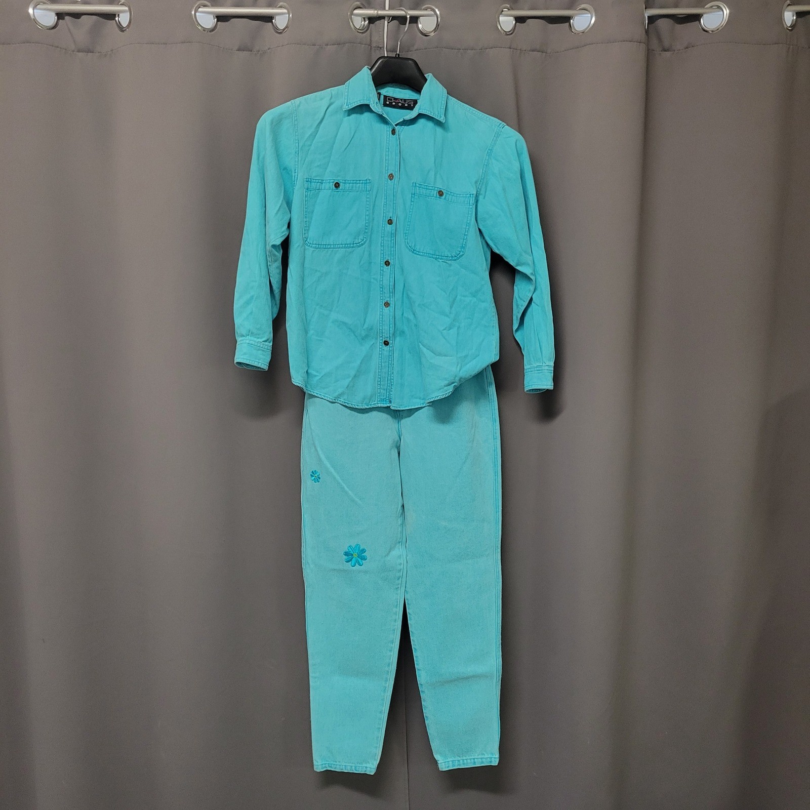 Chaus Sport Denim Pant Set Turquoise Vintage 90s Floral Embroidered Size M 12