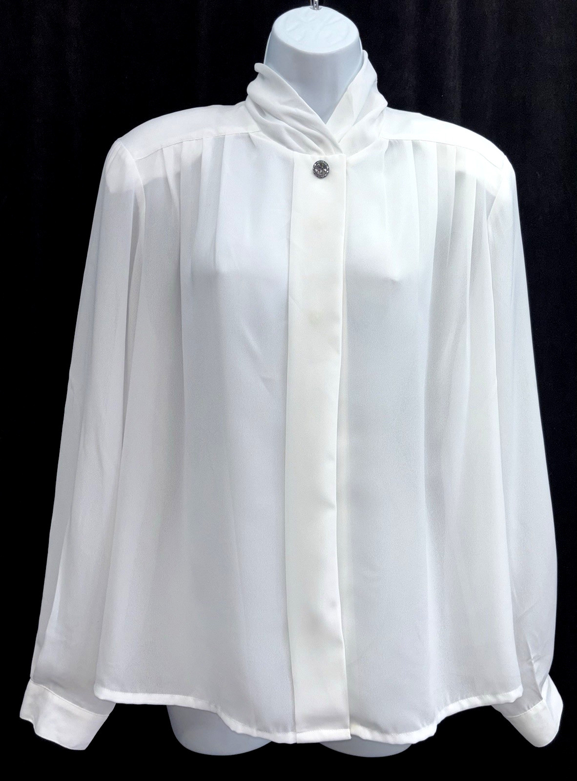 VTG Josephine Women Size 12 Button Up Long Sleeve Top White Semi Sheer High Neck