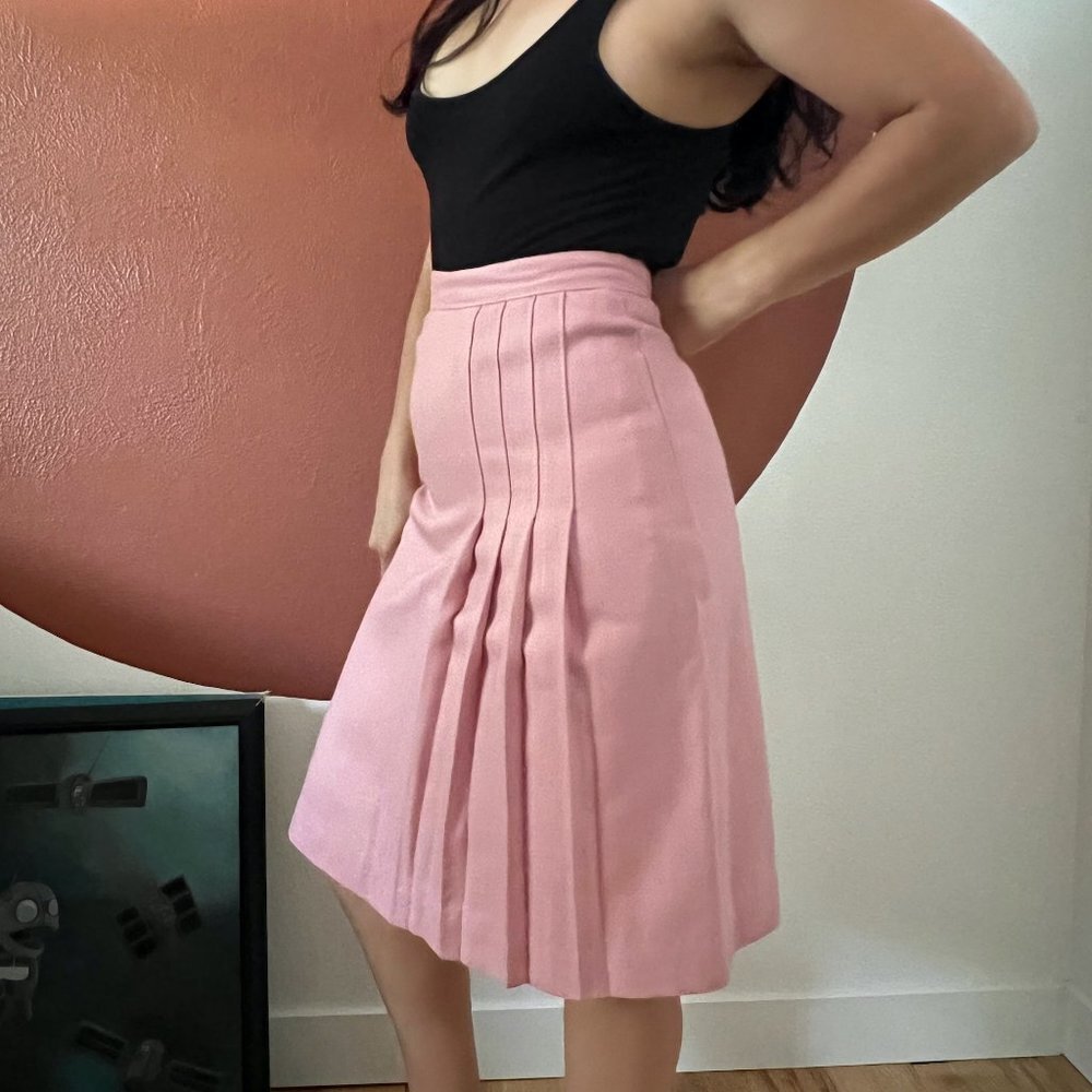 Vintage 1970s Pink Skirt Suit Pleated Blazer Set Small Wool Blend