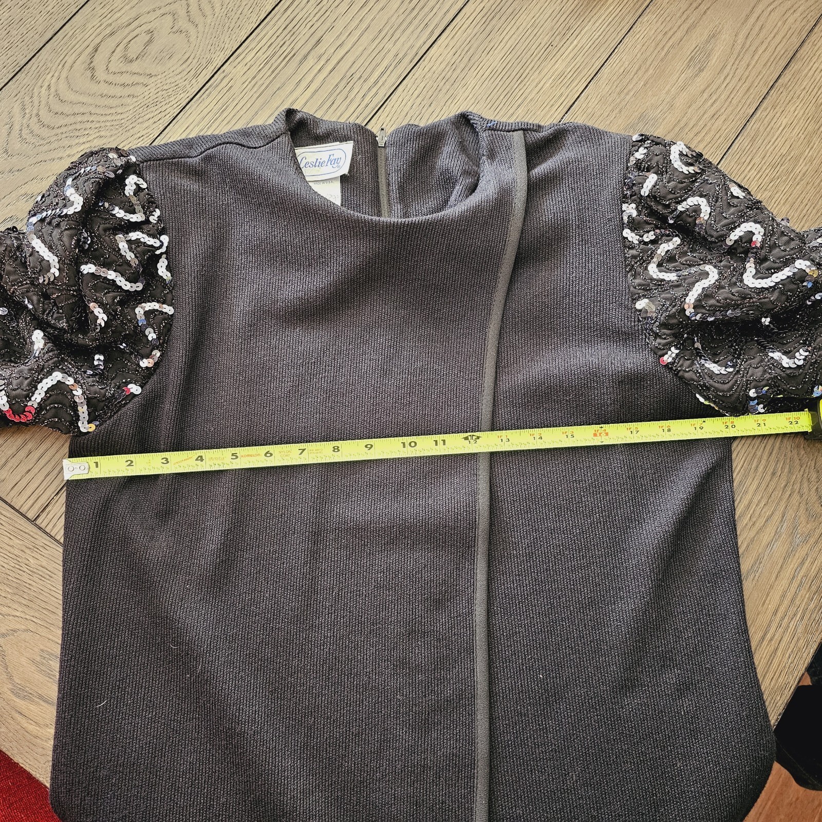 Vintage Leslie Fay Black Knit Sweater Layer Puff Sequin Sleeves Sz 16 (F2)