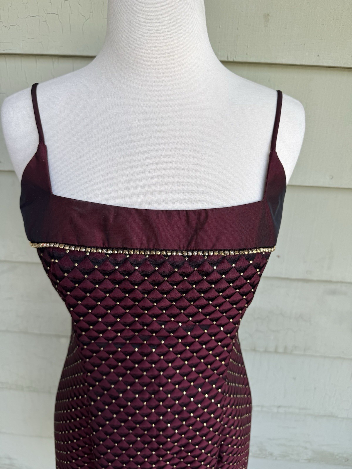 Vtg 90’s Jessica McClintock Mini Dress Burgundy Gold 7 Rhinestones Square Neck