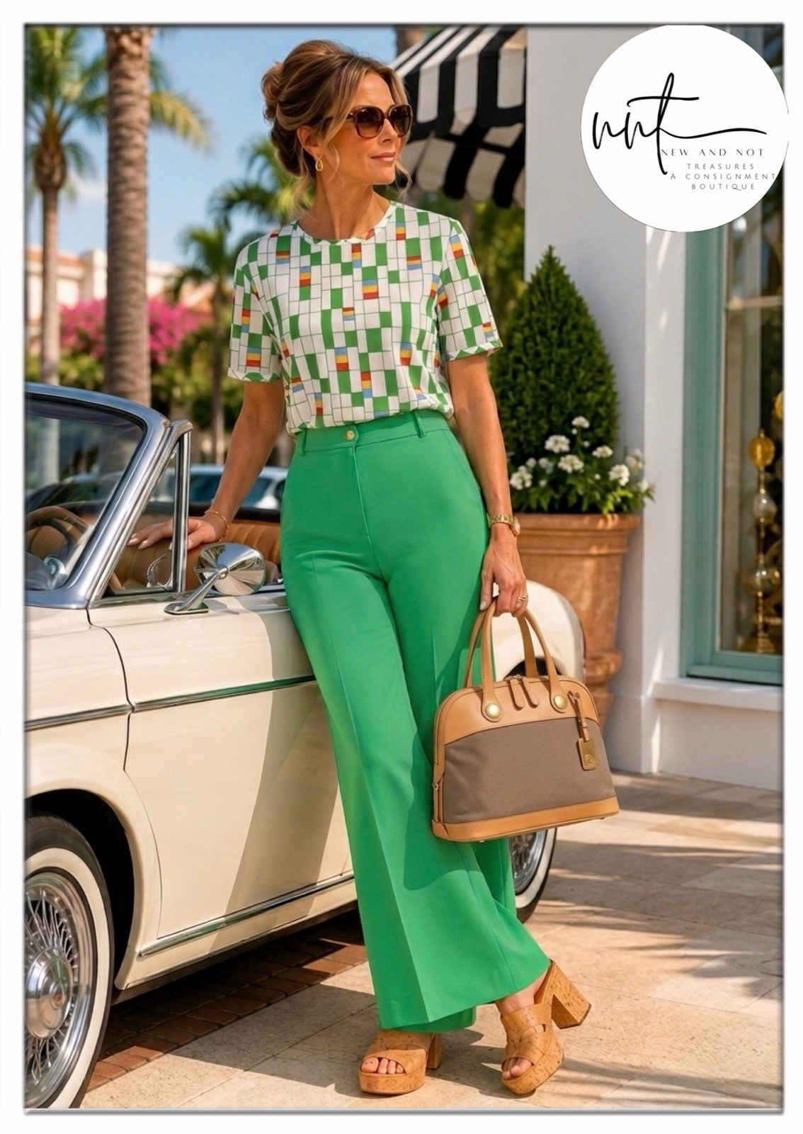 Vintage 70s Bodin Knits NOS 2 Pc Set Green Geometric Wide Leg Pants 10/14