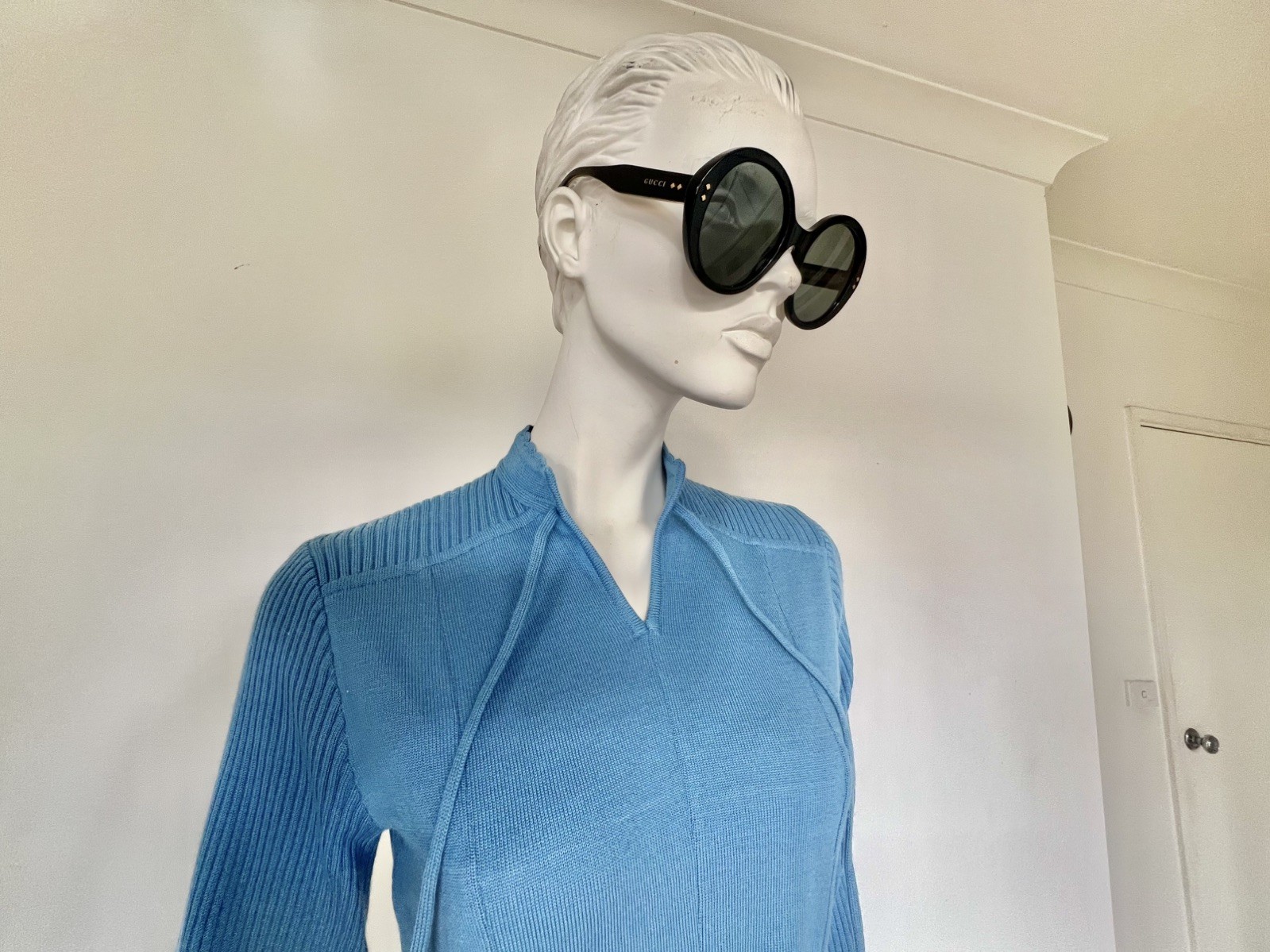 Vintage 60s 70s Le Donna Sky Blue 100% Wool Knit Stretch Belted Dress Hong Kong