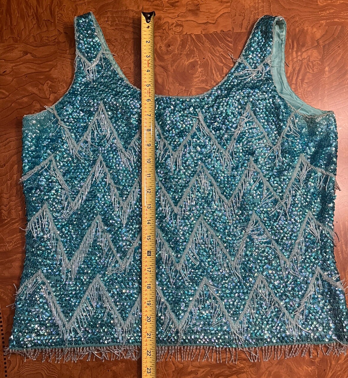 Vintage 1960s Hand Beaded Turquoise Sequin Fringe Top Art Deco Gatsby Flapper